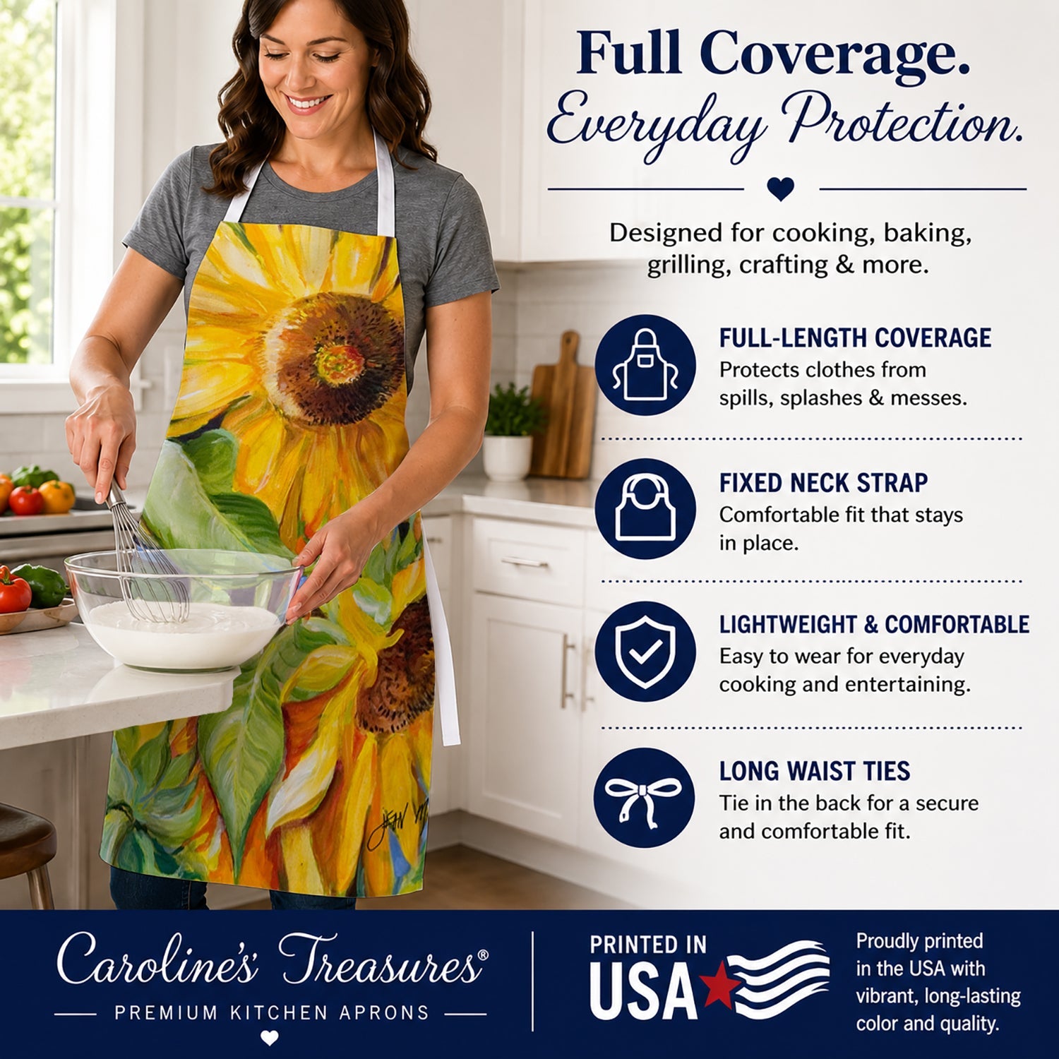 Sunflowers Apron Cooking Kitchen Server Baking Crafts Gardening for Adult Women Men, Unisex, Large, Multicolor