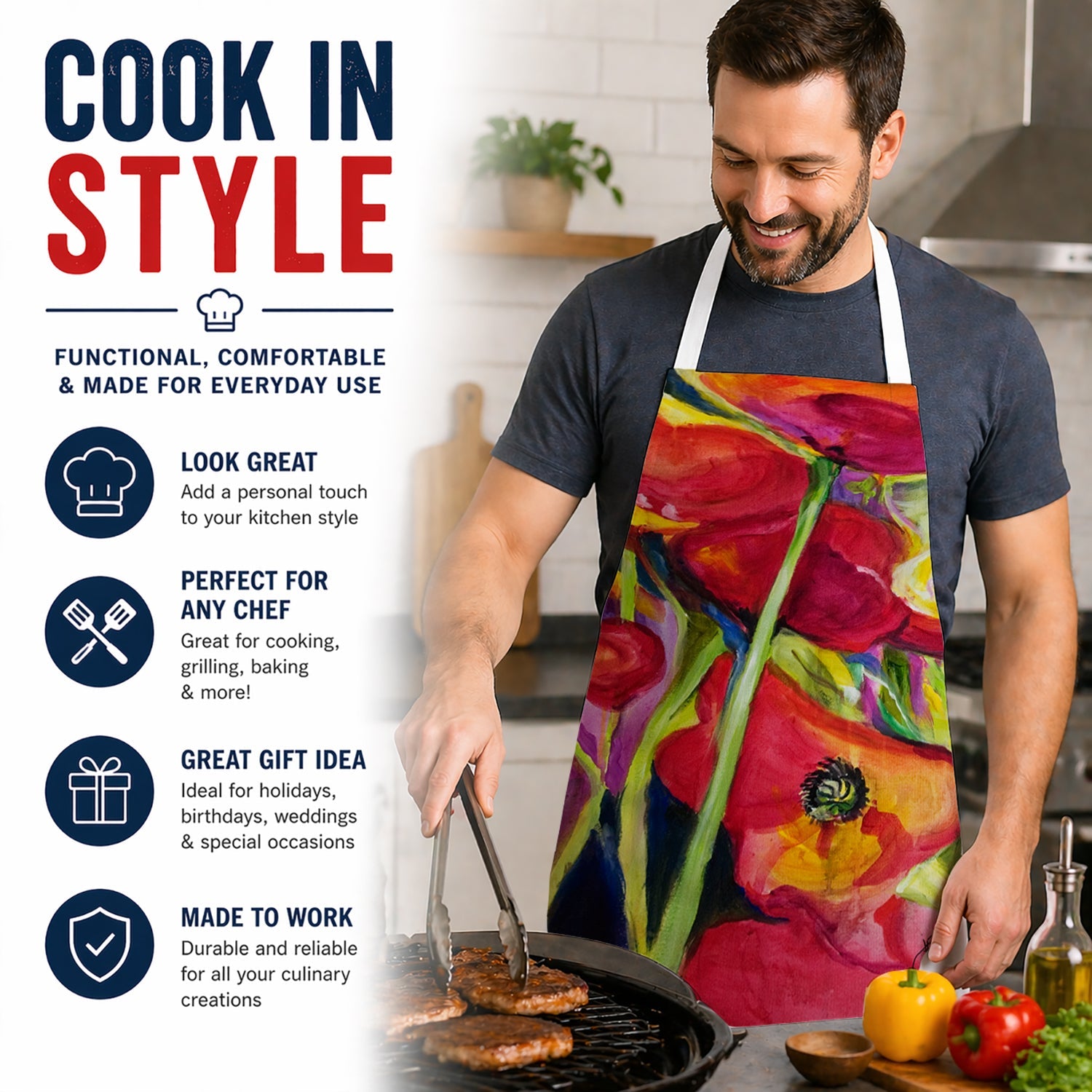 Poppies Apron Cooking Kitchen Server Baking Crafts Gardening for Adult Women Men, Unisex, Large, Multicolor