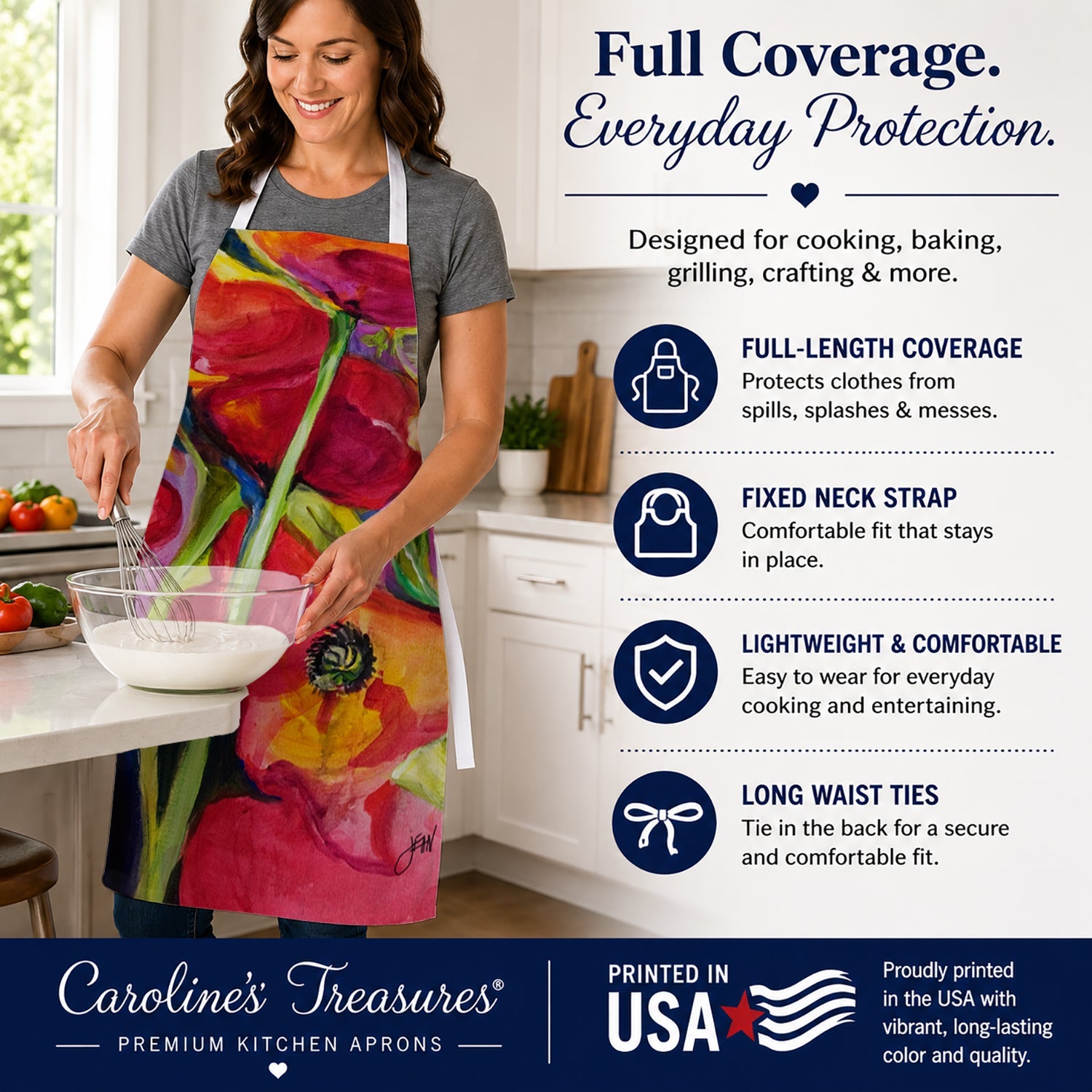Poppies Apron Cooking Kitchen Server Baking Crafts Gardening for Adult Women Men, Unisex, Large, Multicolor