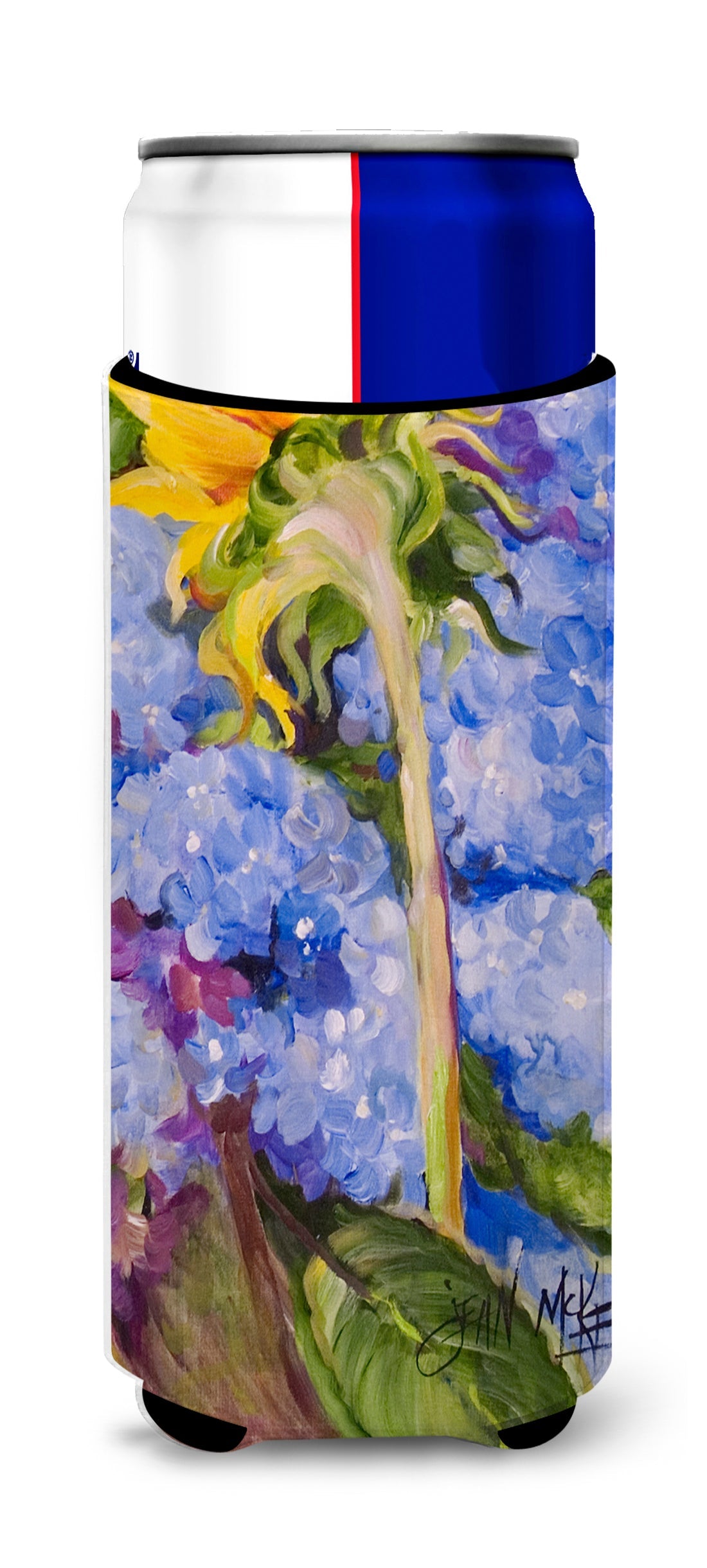Hydrangea and Sunflower Slim Can Hugger , Insulated Foam Hugger for 12 oz Slim Cans, Beer Bottles & Water Bottles, Printed in USA