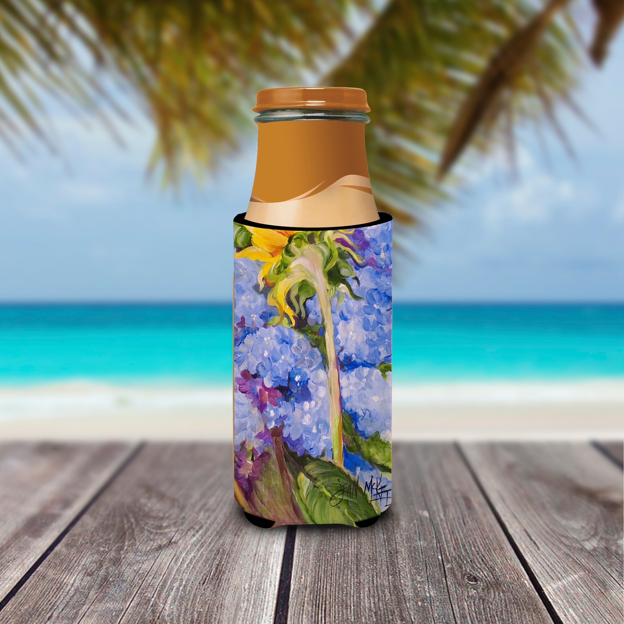 Hydrangea and Sunflower Slim Can Hugger , Insulated Foam Hugger for 12 oz Slim Cans, Beer Bottles & Water Bottles, Printed in USA