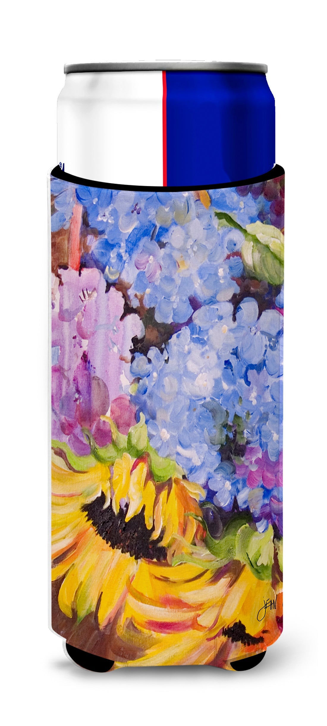 Hydrangeas and Sunflowers Slim Can Hugger , Insulated Foam Hugger for 12 oz Slim Cans, Beer Bottles & Water Bottles, Printed in USA
