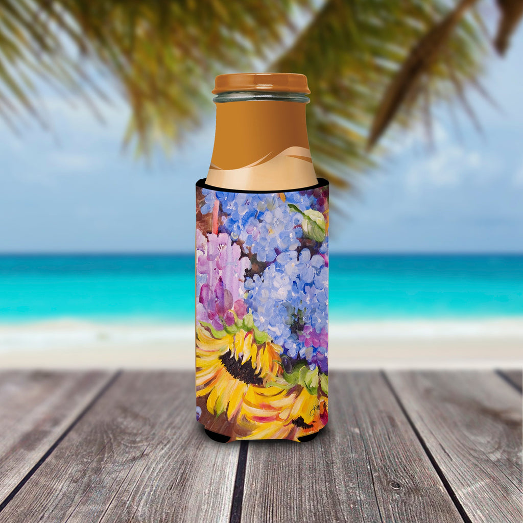 Hydrangeas and Sunflowers Slim Can Hugger , Insulated Foam Hugger for 12 oz Slim Cans, Beer Bottles & Water Bottles, Printed in USA