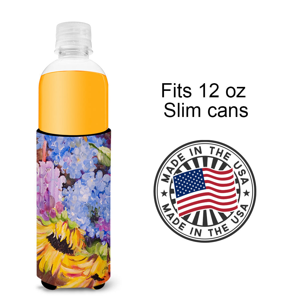 Hydrangeas and Sunflowers Slim Can Hugger , Insulated Foam Hugger for 12 oz Slim Cans, Beer Bottles & Water Bottles, Printed in USA