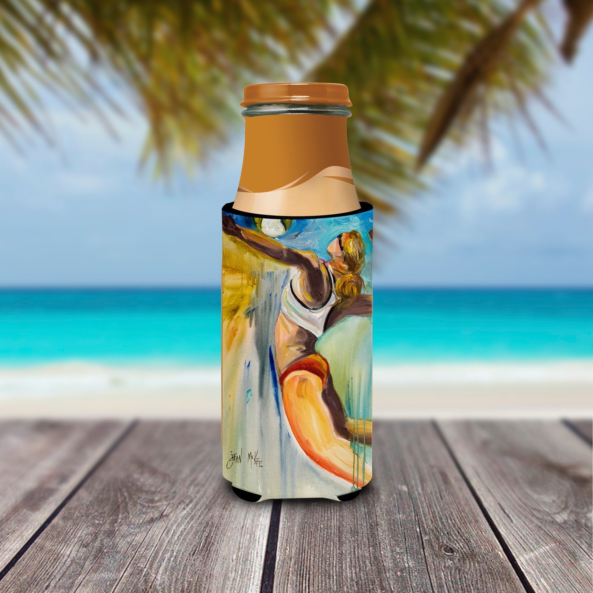 Beach Volleyball Slim Can Hugger , Insulated Foam Hugger for 12 oz Slim Cans, Beer Bottles & Water Bottles, Printed in USA