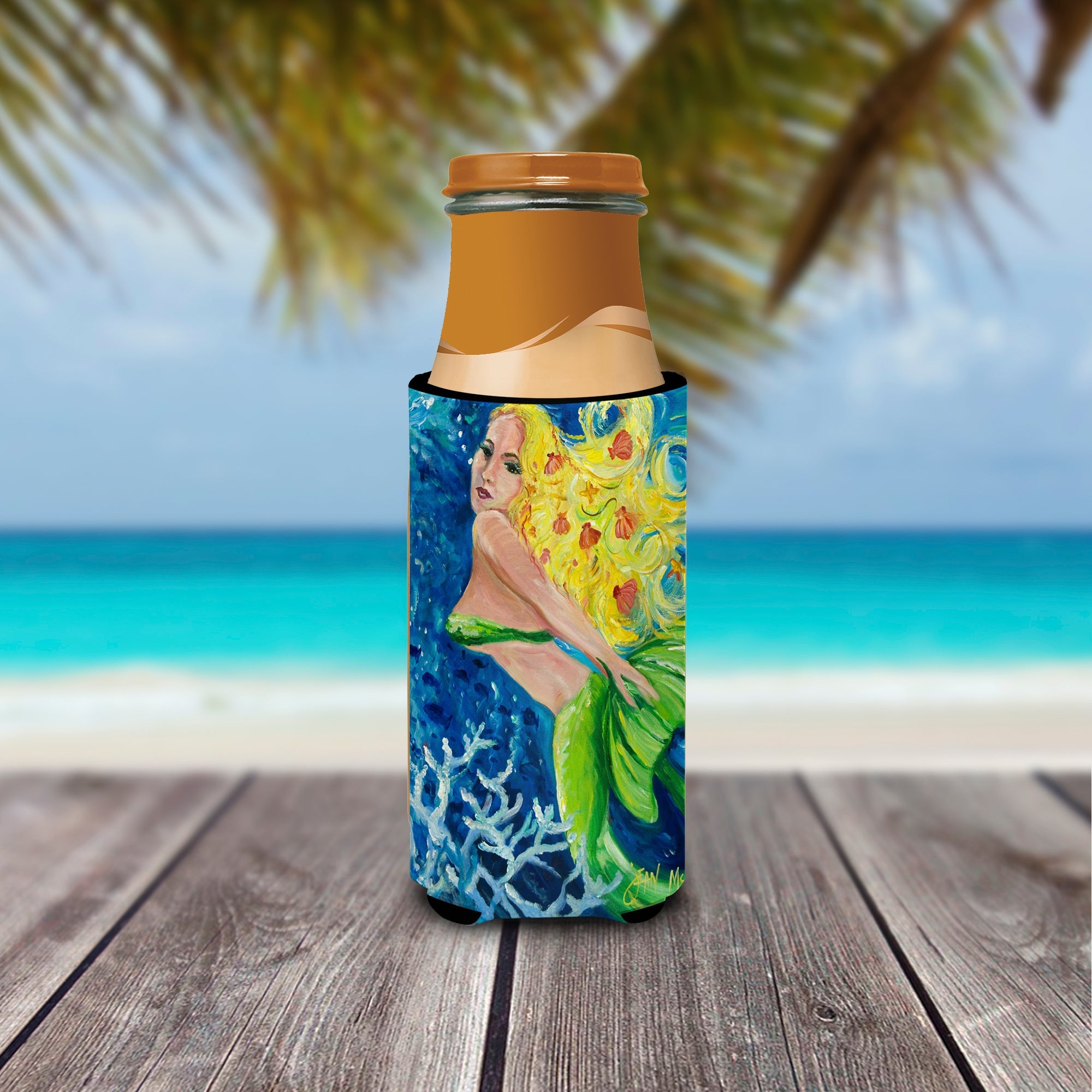 Blonde Mermaid Slim Can Hugger , Insulated Foam Hugger for 12 oz Slim Cans, Beer Bottles & Water Bottles, Printed in USA