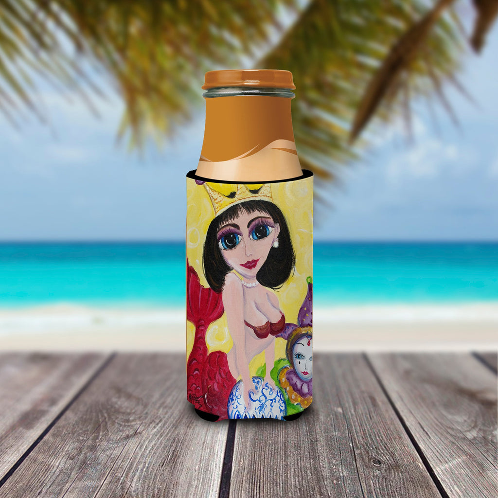 Mardi Gras Queen Mermaid Slim Can Hugger , Insulated Foam Hugger for 12 oz Slim Cans, Beer Bottles & Water Bottles, Printed in USA