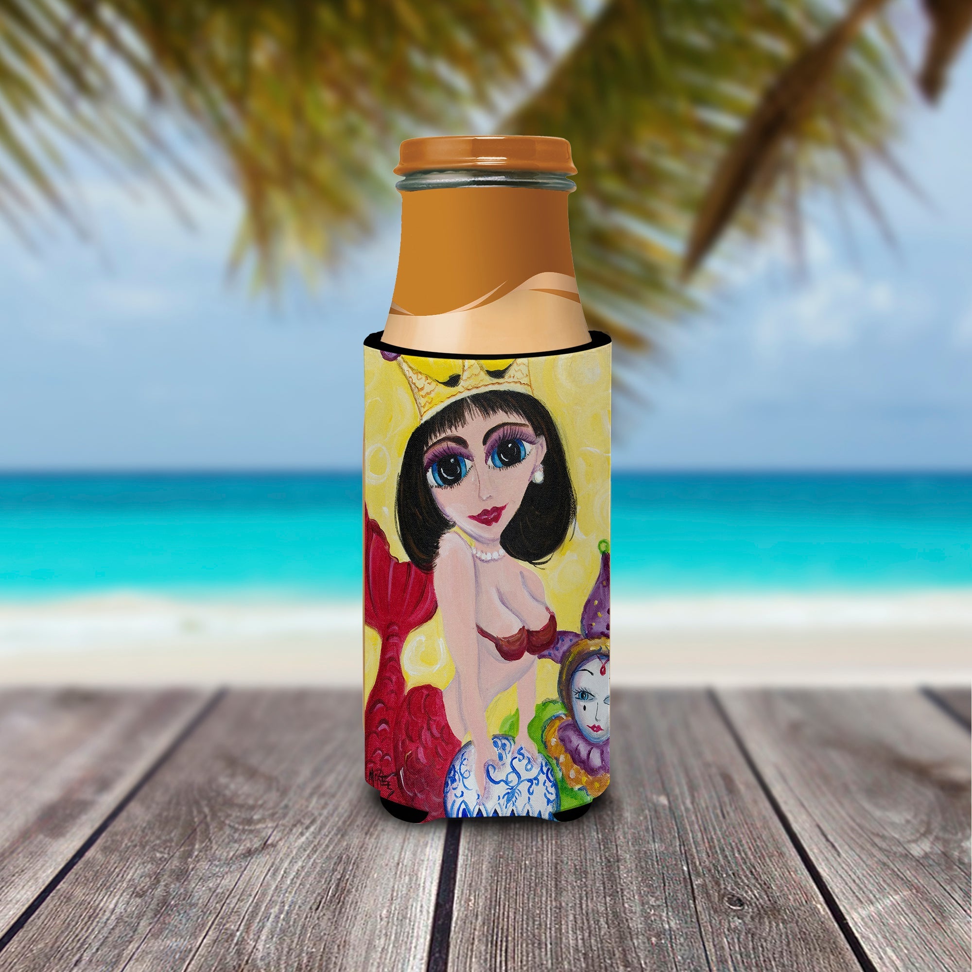 Mardi Gras Queen Mermaid Slim Can Hugger , Insulated Foam Hugger for 12 oz Slim Cans, Beer Bottles & Water Bottles, Printed in USA
