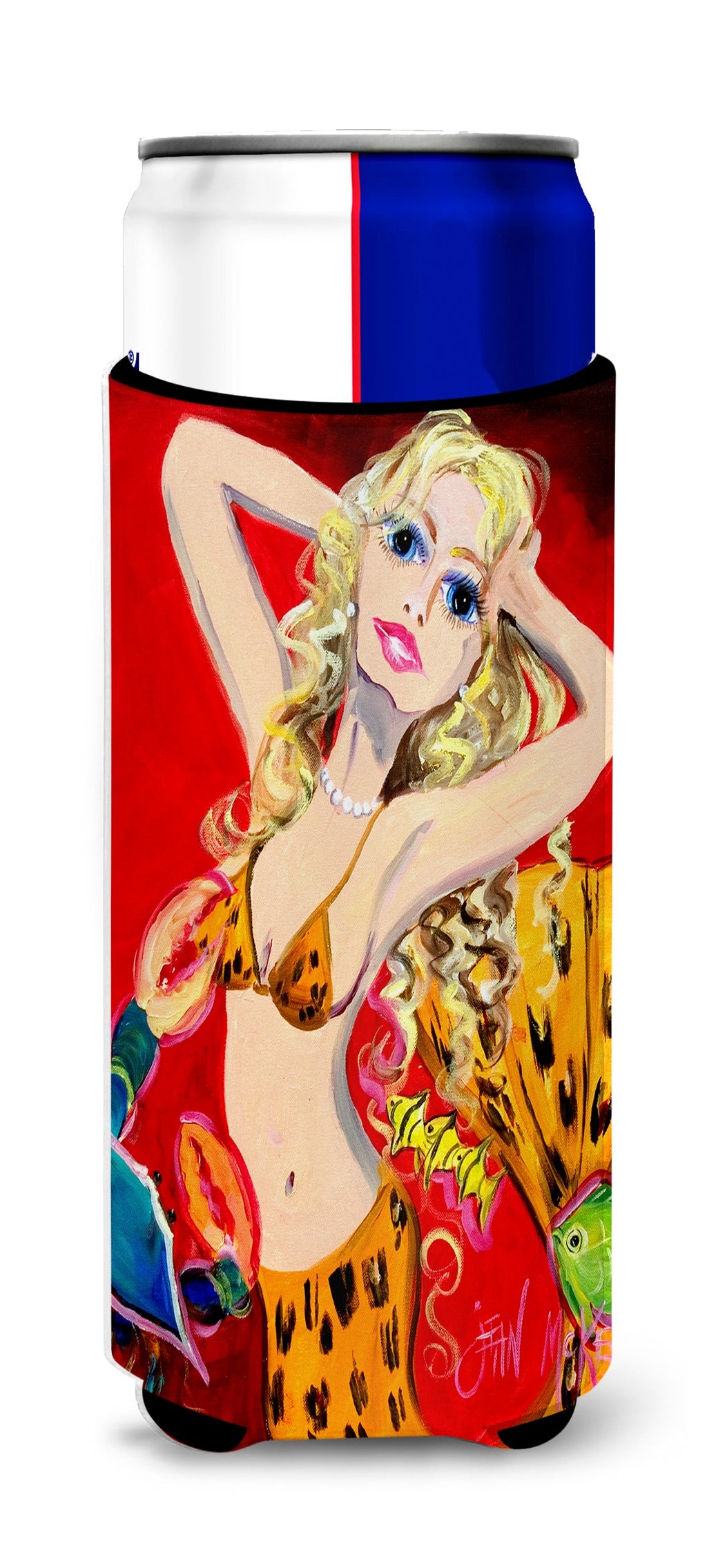 Red Mermaid Slim Can Hugger , Insulated Foam Hugger for 12 oz Slim Cans, Beer Bottles & Water Bottles, Printed in USA