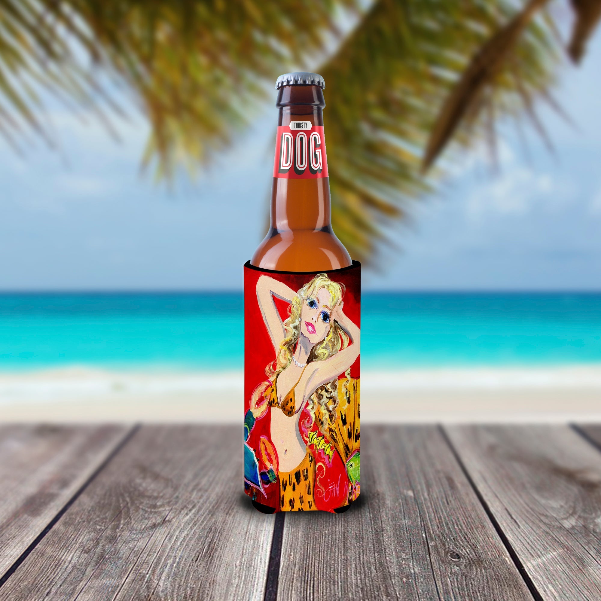 Red Mermaid Slim Can Hugger , Insulated Foam Hugger for 12 oz Slim Cans, Beer Bottles & Water Bottles, Printed in USA