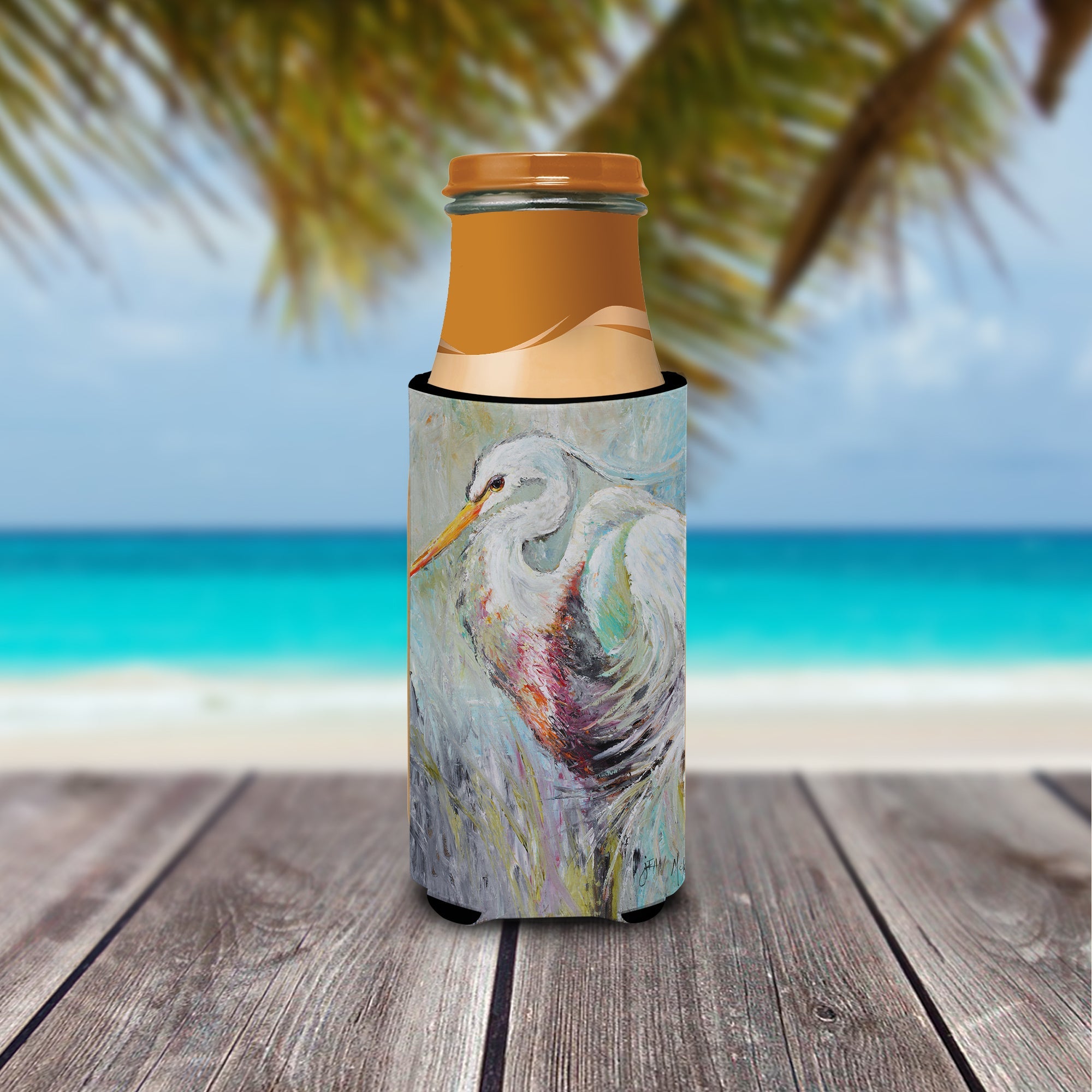 White Egret Slim Can Hugger , Insulated Foam Hugger for 12 oz Slim Cans, Beer Bottles & Water Bottles, Printed in USA