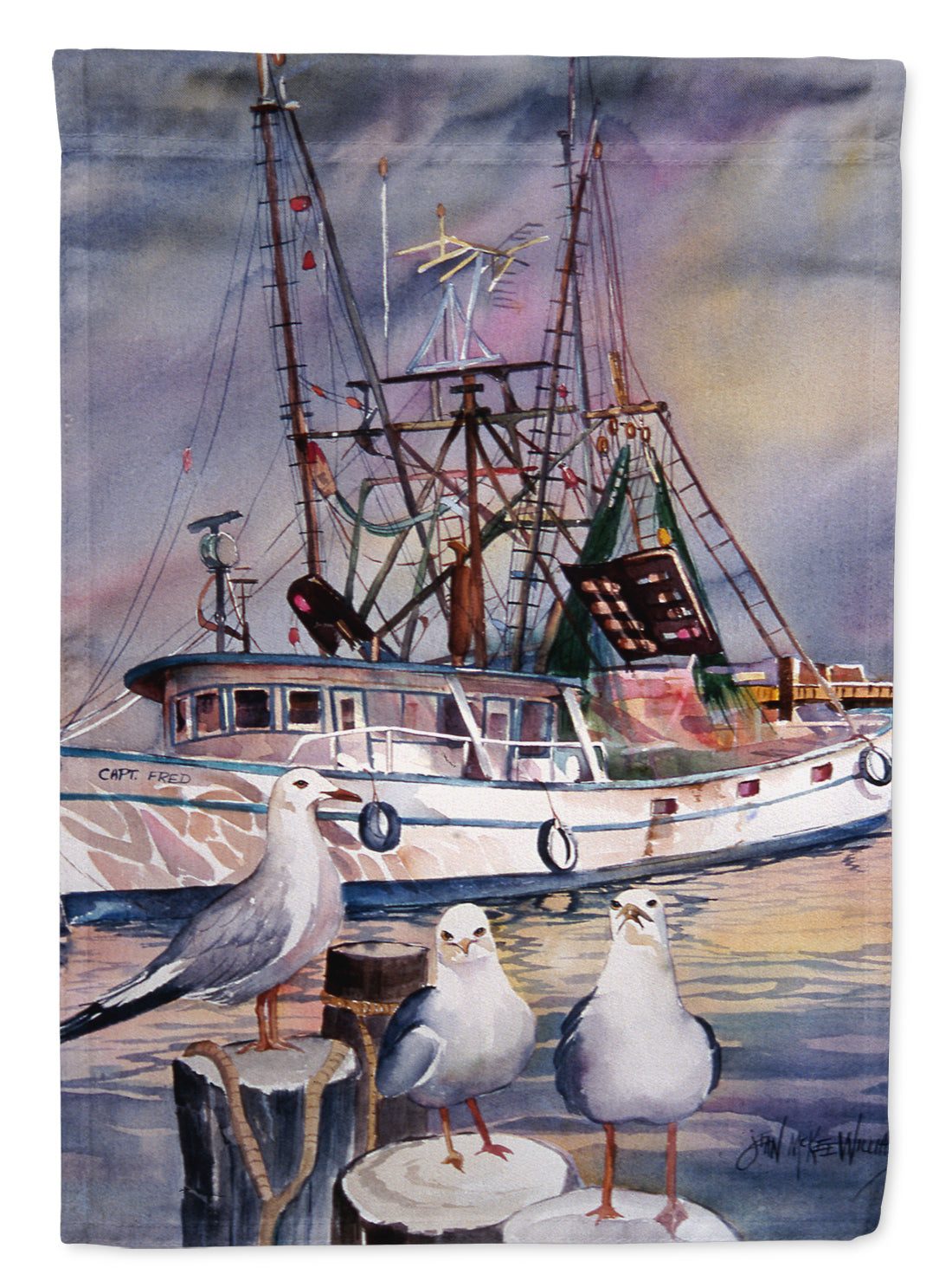 Sea Gulls and shrimp boats House Flag 28x40 Porch Sleeve Pole Decorative Outside Yard Banner Artwork Wall Hanging, Polyester