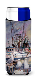 Sea Gulls and shrimp boats Slim Can Hugger , Insulated Foam Hugger for 12 oz Slim Cans, Beer Bottles & Water Bottles, Printed in USA