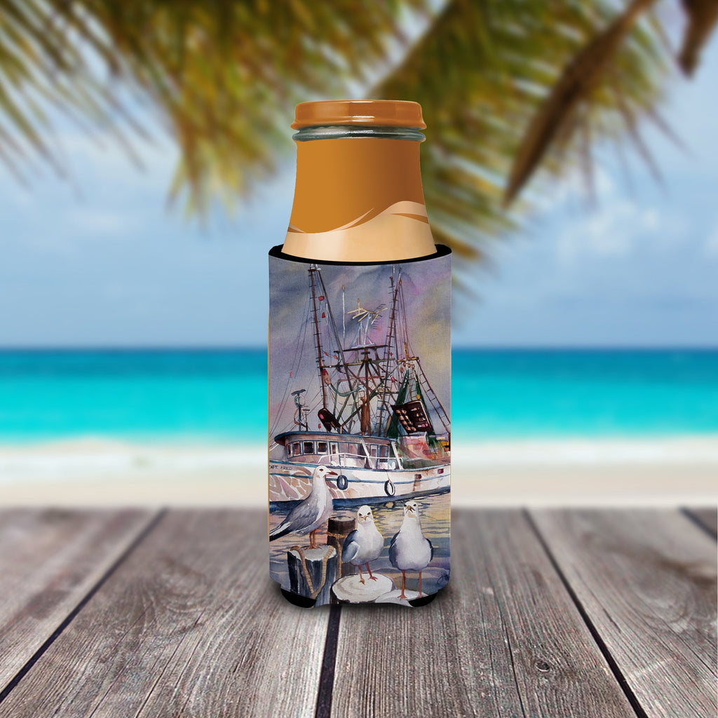 Sea Gulls and shrimp boats Slim Can Hugger , Insulated Foam Hugger for 12 oz Slim Cans, Beer Bottles & Water Bottles, Printed in USA