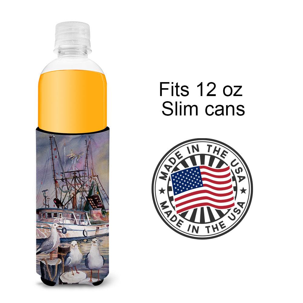 Sea Gulls and shrimp boats Slim Can Hugger , Insulated Foam Hugger for 12 oz Slim Cans, Beer Bottles & Water Bottles, Printed in USA