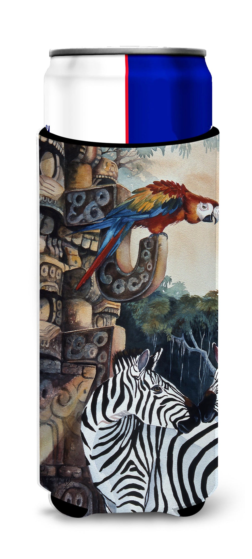Zebras and Parrots Slim Can Hugger , Insulated Foam Hugger for 12 oz Slim Cans, Beer Bottles & Water Bottles, Printed in USA