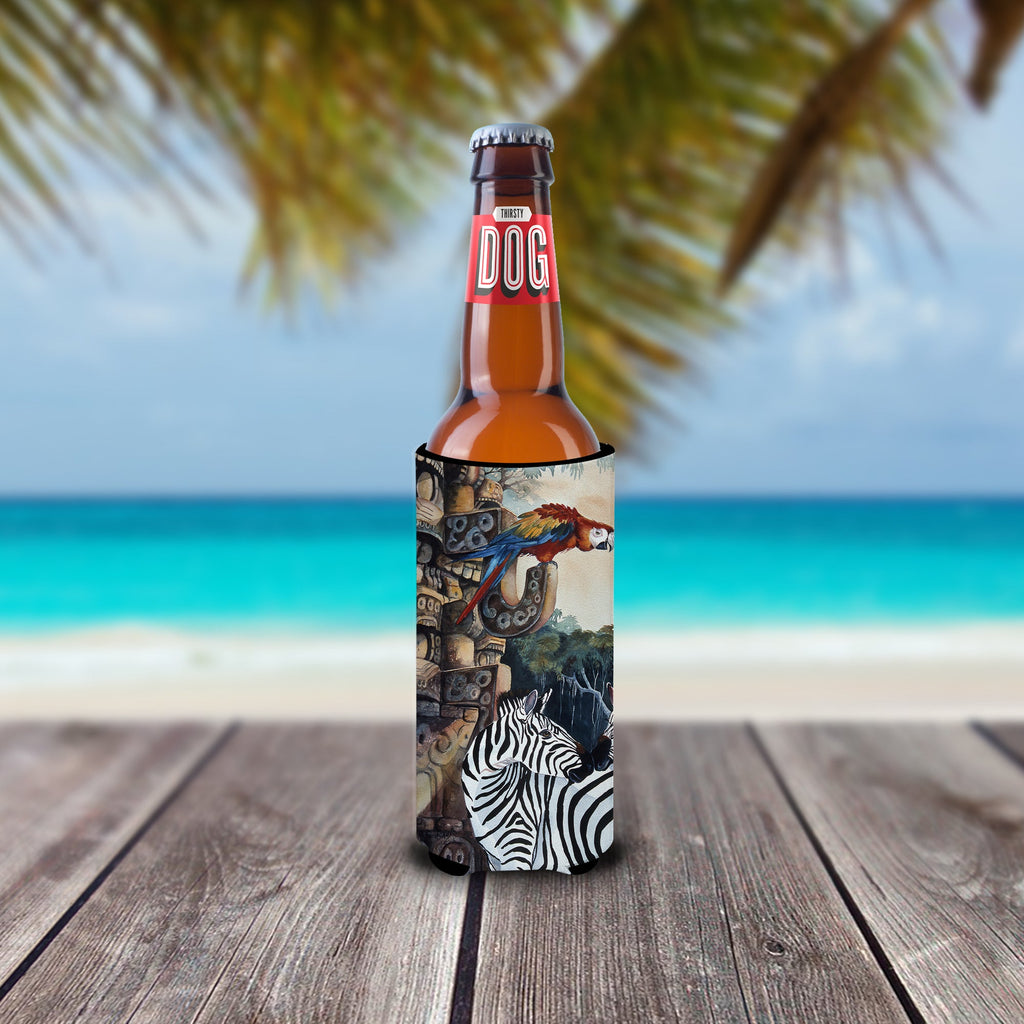 Zebras and Parrots Slim Can Hugger , Insulated Foam Hugger for 12 oz Slim Cans, Beer Bottles & Water Bottles, Printed in USA