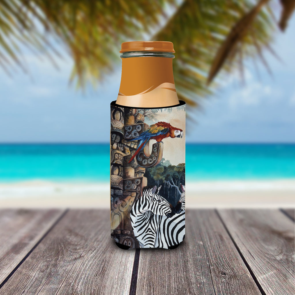 Zebras and Parrots Slim Can Hugger , Insulated Foam Hugger for 12 oz Slim Cans, Beer Bottles & Water Bottles, Printed in USA