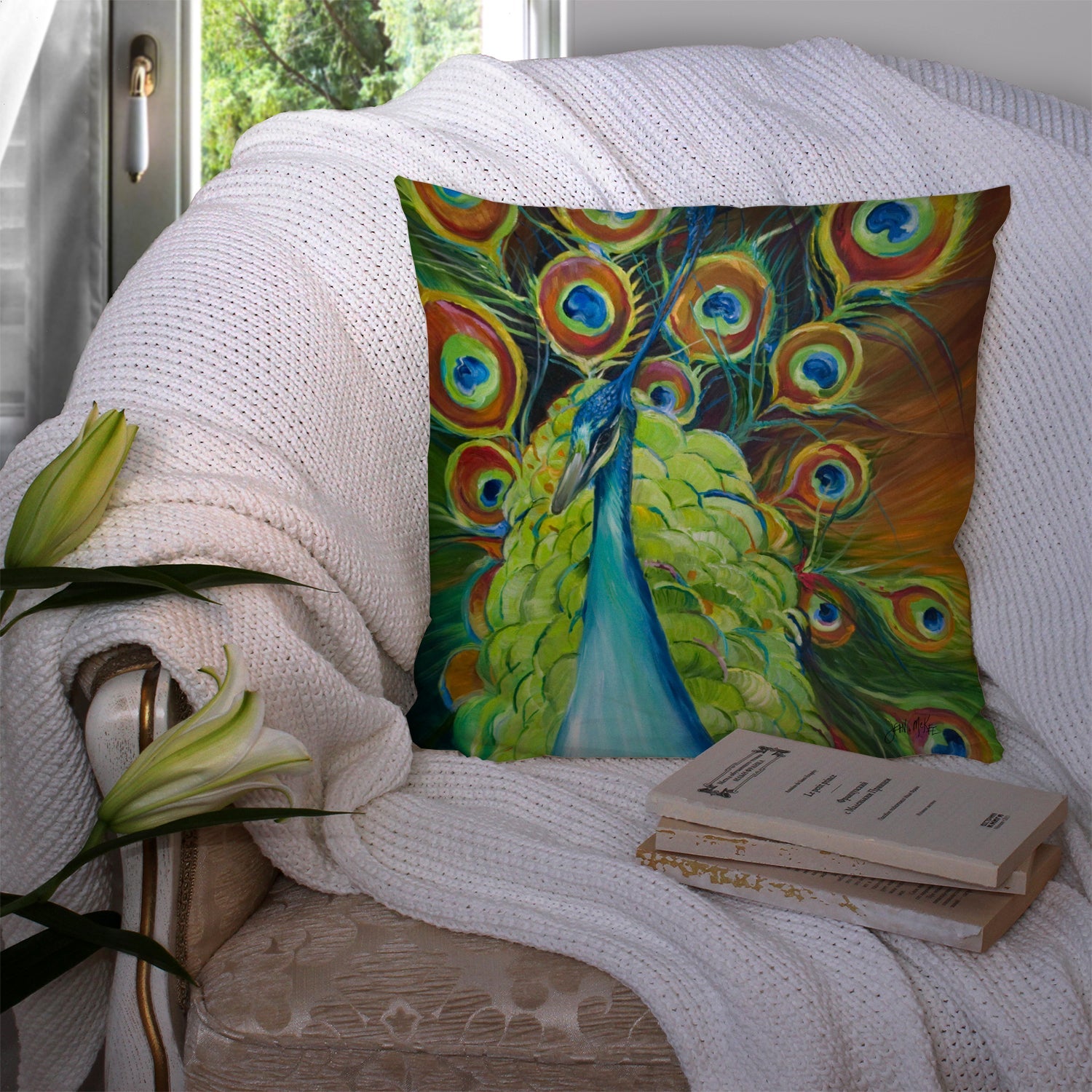 Peacock Decorative Throw Pillow 14x14 Indoor Outdoor Accent Cushion, Fabric Cover with Insert for Sofa, Bed, Porch & Living Room