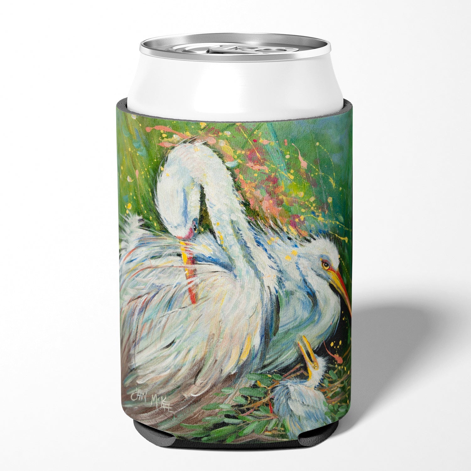 White Egret in the rain Can or Bottle Hugger Cooler Sleeve for Standard 12 oz Cans, Insulated Foam Beer & Soda Can Hugger Reusable