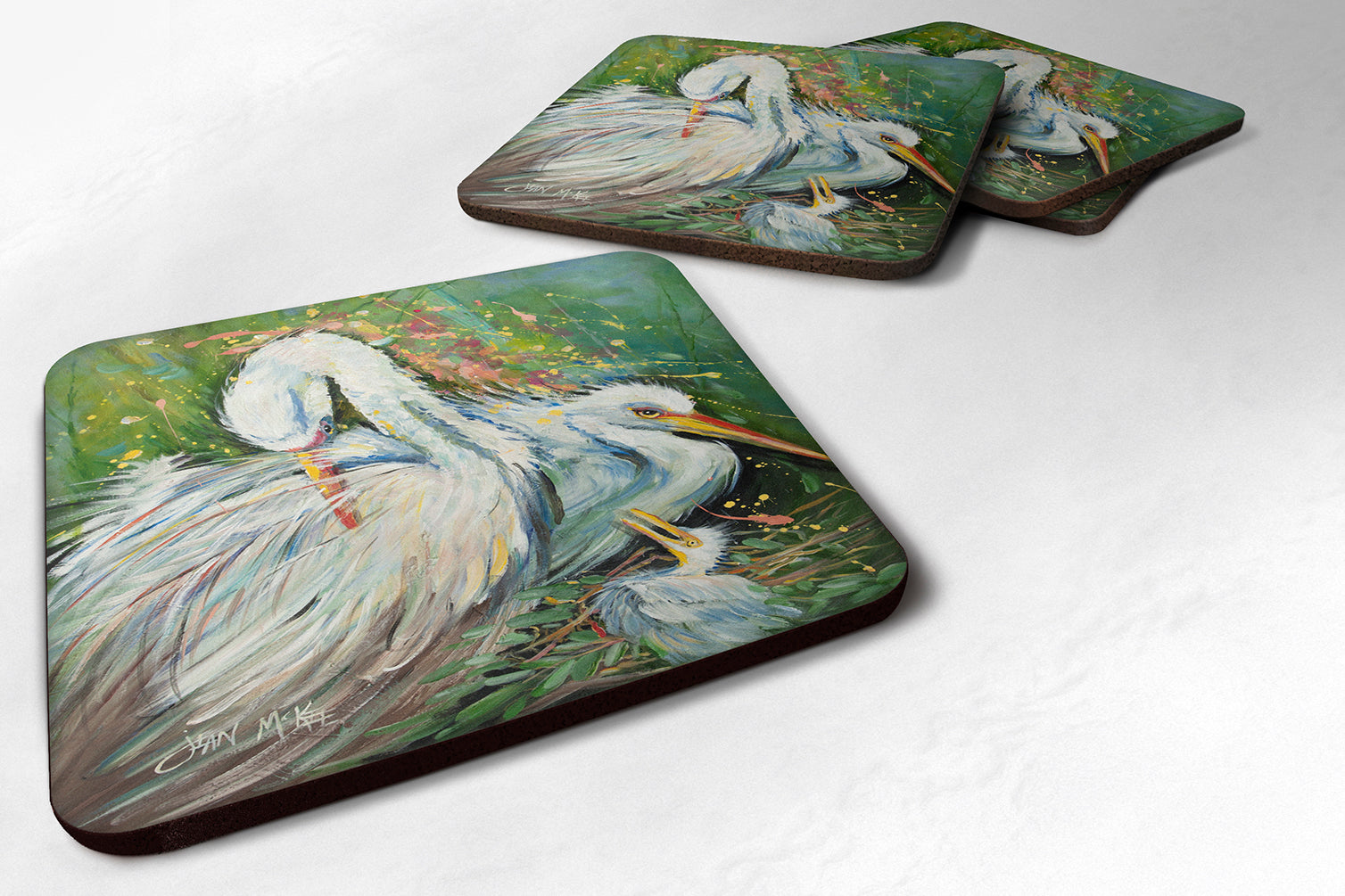 White Egret in the rain Foam Coasters Set of 4 Cup Coasters for Indoor Outdoor, Tabletop Protection, Anti Slip, Mouse pad Material