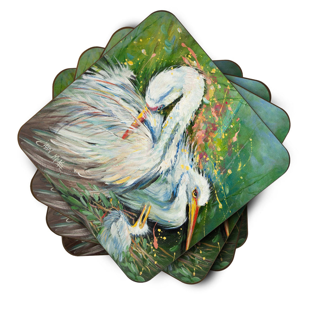 White Egret in the rain Foam Coasters Set of 4 Cup Coasters for Indoor Outdoor, Tabletop Protection, Anti Slip, Mouse pad Material