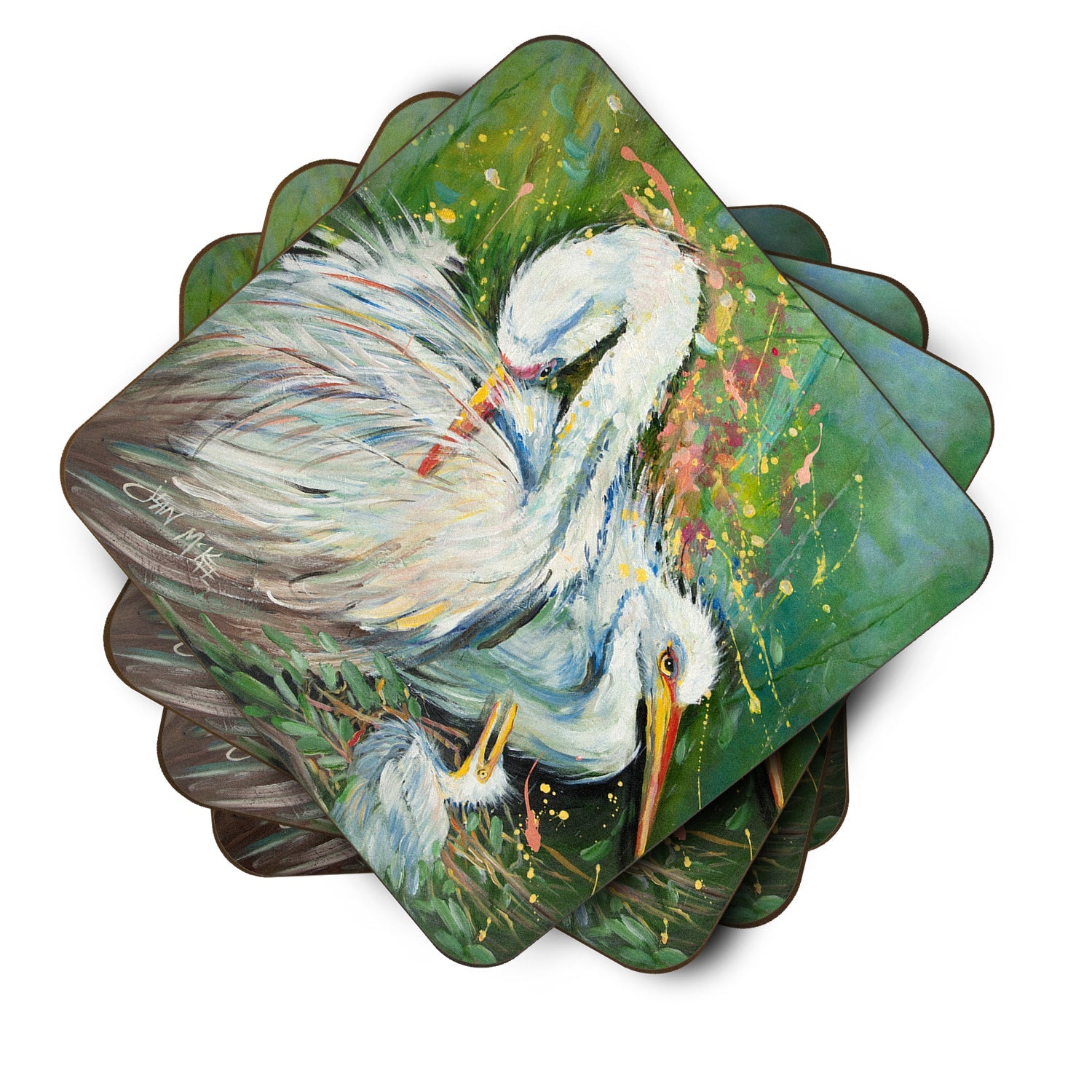 White Egret in the rain Foam Coasters Set of 4 Cup Coasters for Indoor Outdoor, Tabletop Protection, Anti Slip, Mouse pad Material