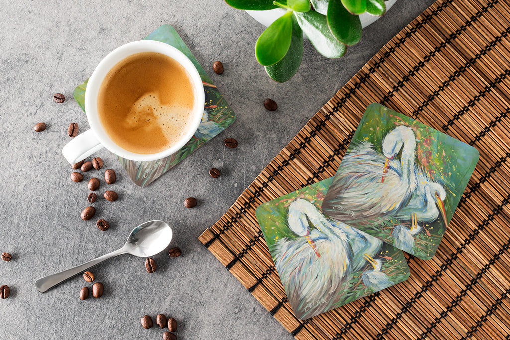 White Egret in the rain Foam Coasters Set of 4 Cup Coasters for Indoor Outdoor, Tabletop Protection, Anti Slip, Mouse pad Material