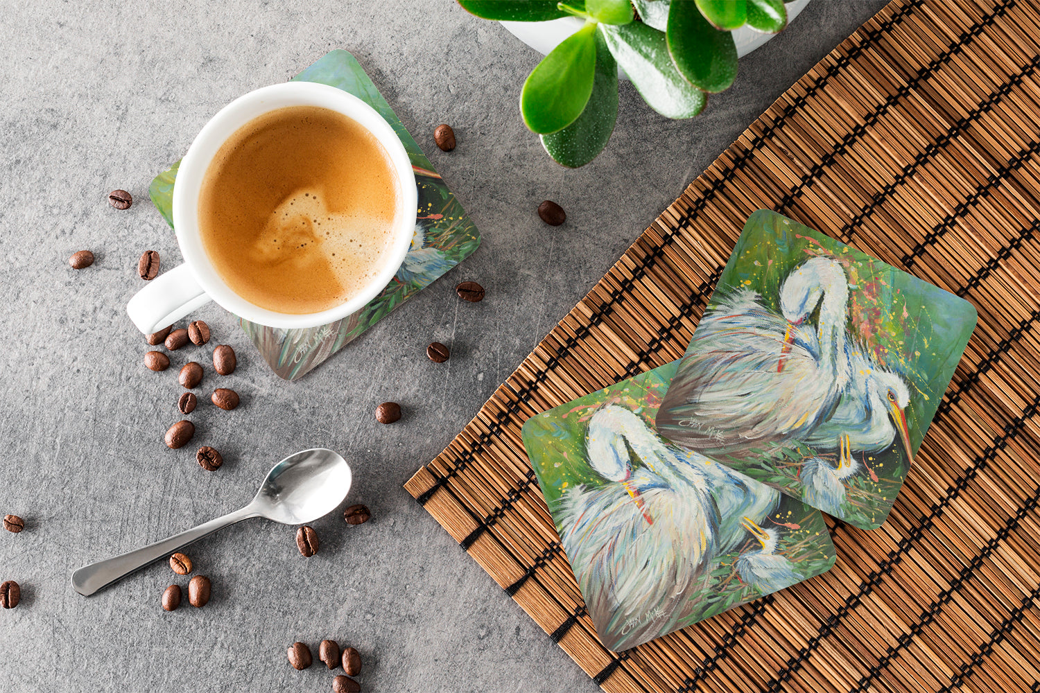 White Egret in the rain Foam Coasters Set of 4 Cup Coasters for Indoor Outdoor, Tabletop Protection, Anti Slip, Mouse pad Material