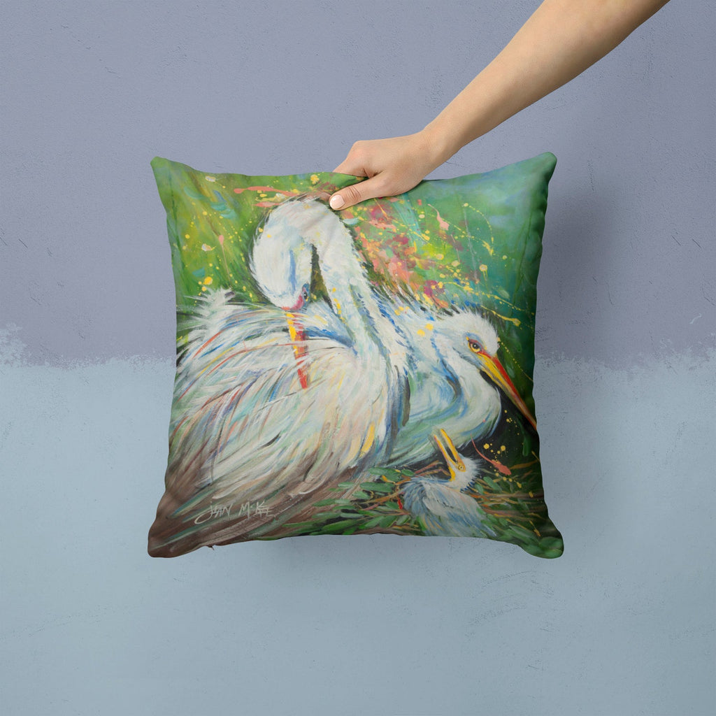 White Egret in the rain Decorative Throw Pillow 14x14 Indoor Outdoor Accent Cushion, Fabric Cover with Insert for Sofa, Bed, Porch & Living Room