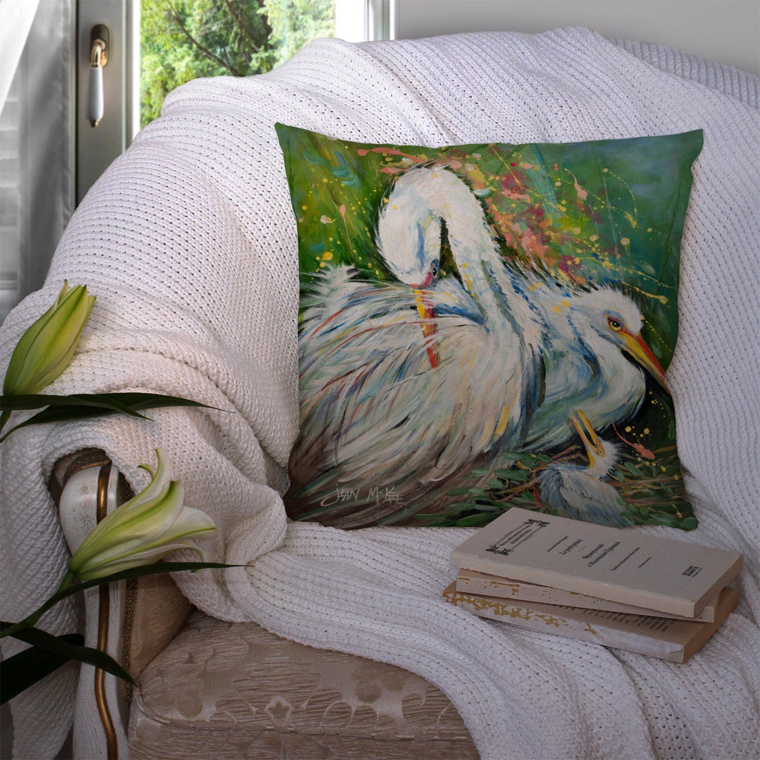 White Egret in the rain Decorative Throw Pillow 14x14 Indoor Outdoor Accent Cushion, Fabric Cover with Insert for Sofa, Bed, Porch & Living Room