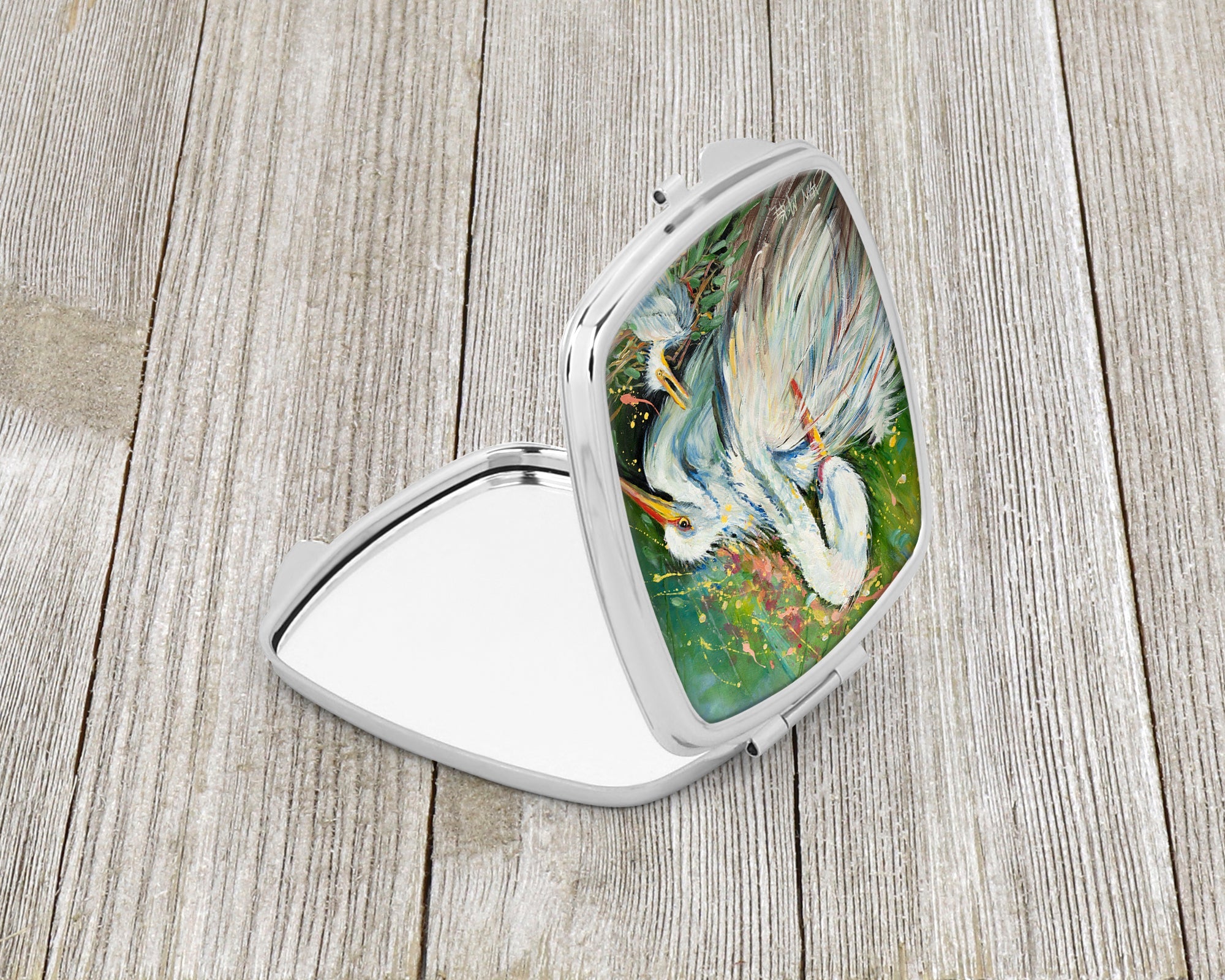 White Egret in the rain Compact Mirror Decorative Travel Makeup Mirror for Women Girls Gifts Pocket Makeup Mirror Folding Handheld