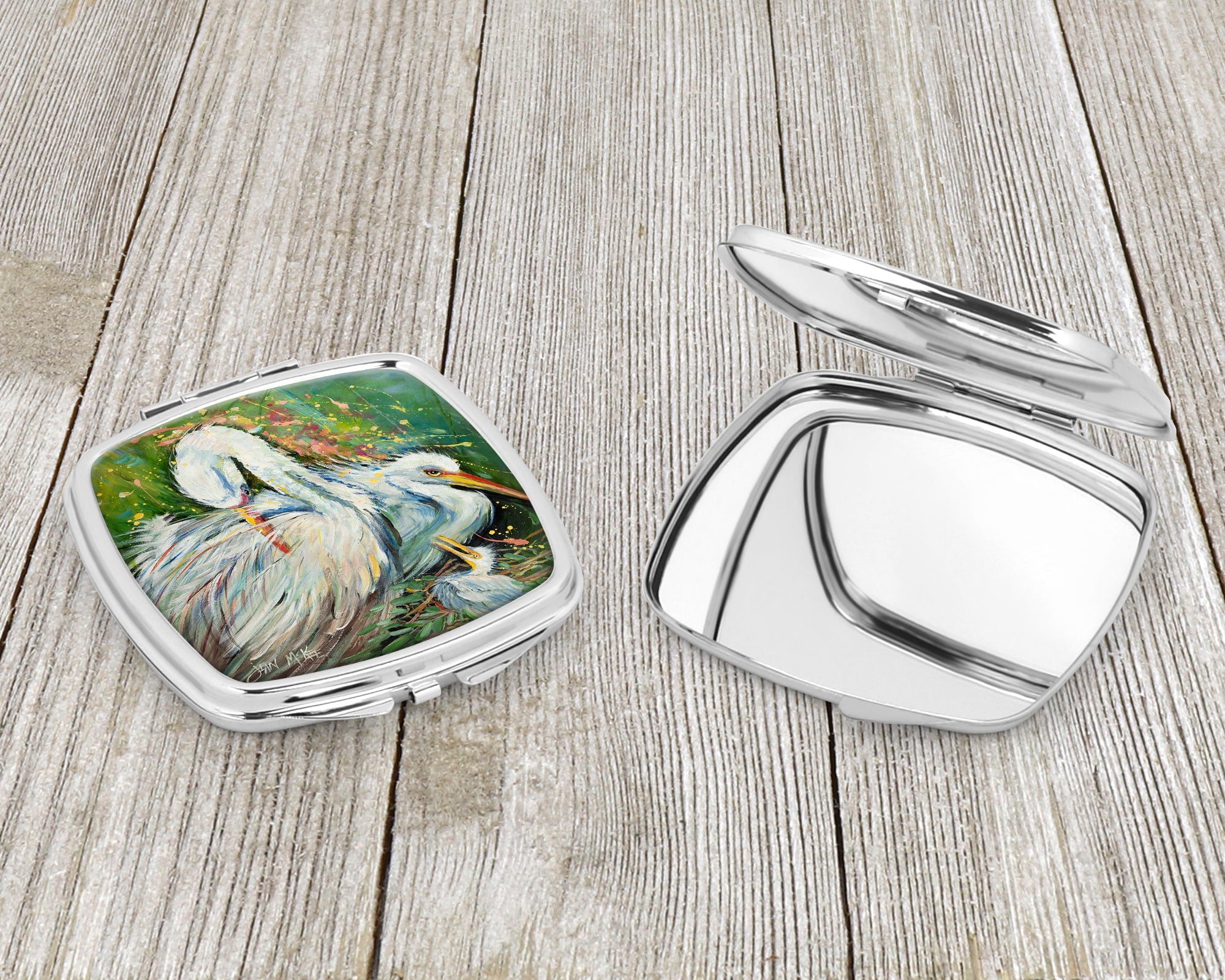 White Egret in the rain Compact Mirror Decorative Travel Makeup Mirror for Women Girls Gifts Pocket Makeup Mirror Folding Handheld