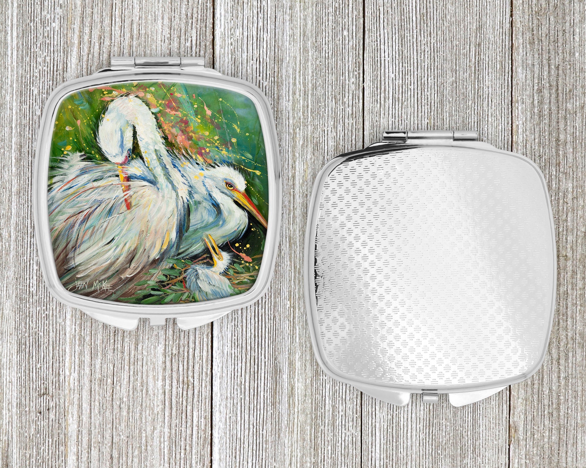 White Egret in the rain Compact Mirror Decorative Travel Makeup Mirror for Women Girls Gifts Pocket Makeup Mirror Folding Handheld