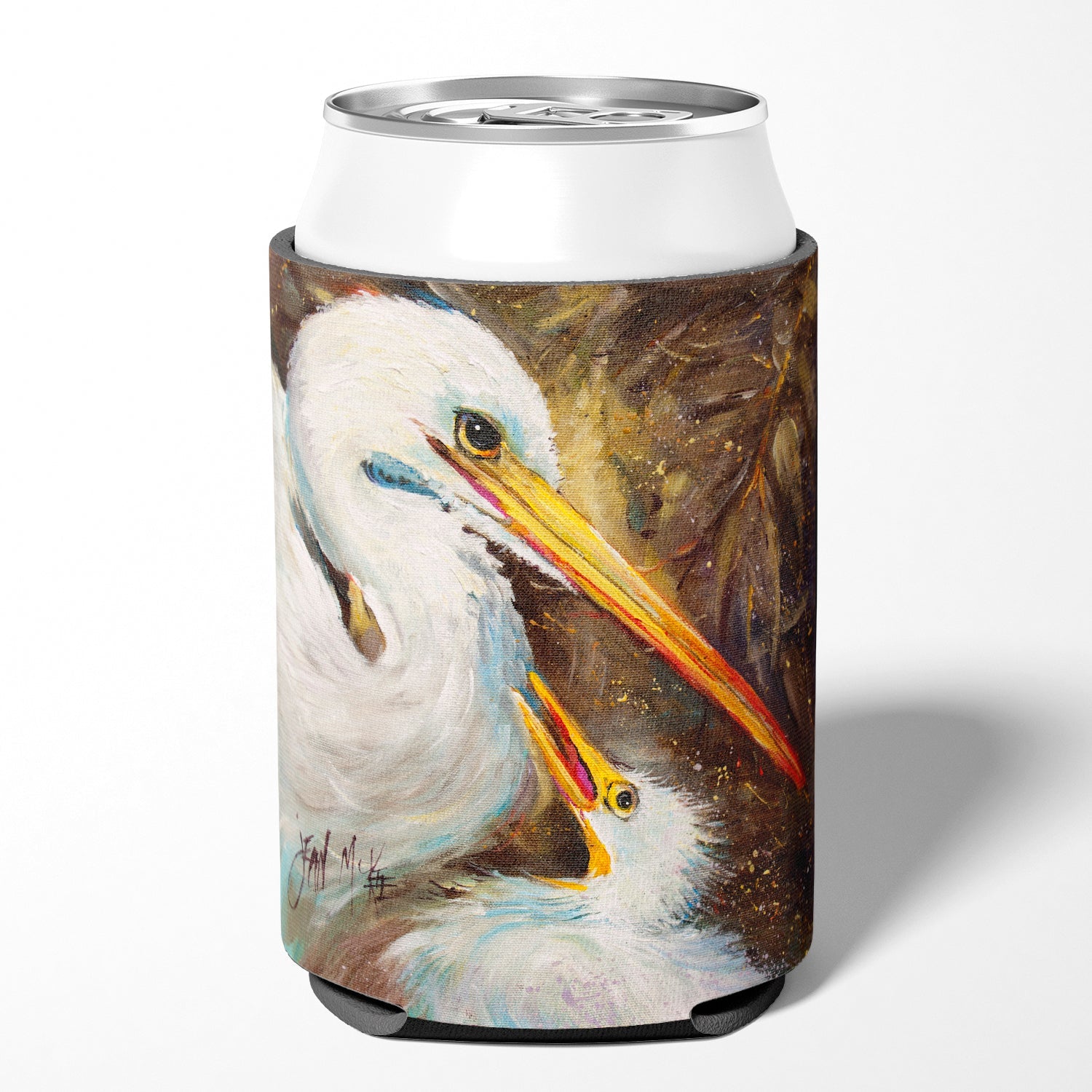 White Egret feeding baby Can or Bottle Hugger Cooler Sleeve for Standard 12 oz Cans, Insulated Foam Beer & Soda Can Hugger Reusable