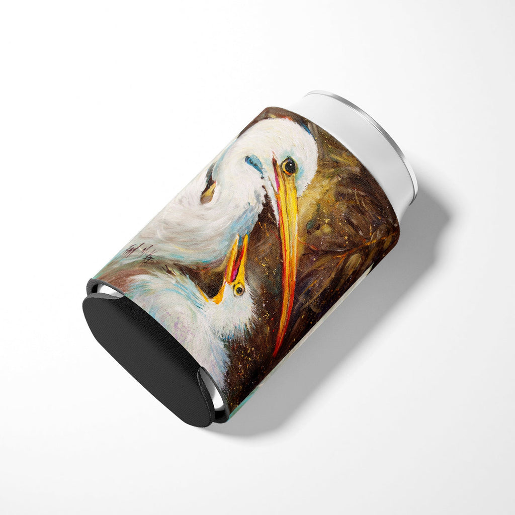 White Egret feeding baby Can or Bottle Hugger Cooler Sleeve for Standard 12 oz Cans, Insulated Foam Beer & Soda Can Hugger Reusable
