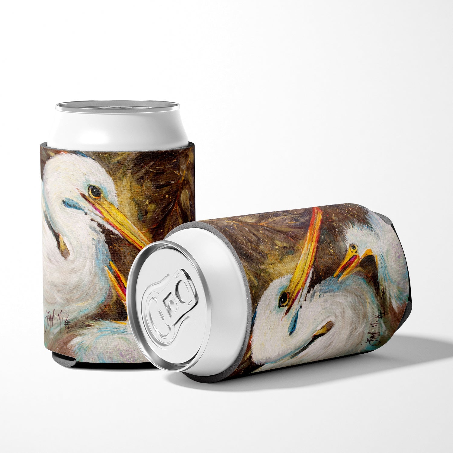 White Egret feeding baby Can or Bottle Hugger Cooler Sleeve for Standard 12 oz Cans, Insulated Foam Beer & Soda Can Hugger Reusable
