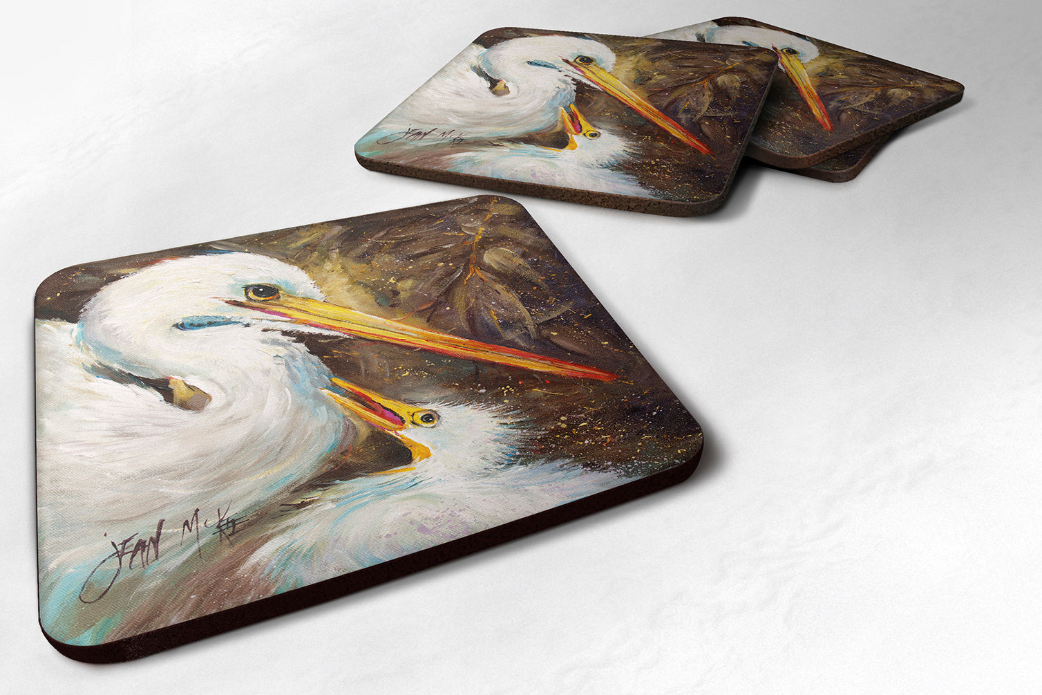 White Egret feeding baby Foam Coasters Set of 4 Cup Coasters for Indoor Outdoor, Tabletop Protection, Anti Slip, Mouse pad Material