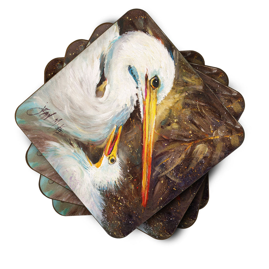 White Egret feeding baby Foam Coasters Set of 4 Cup Coasters for Indoor Outdoor, Tabletop Protection, Anti Slip, Mouse pad Material