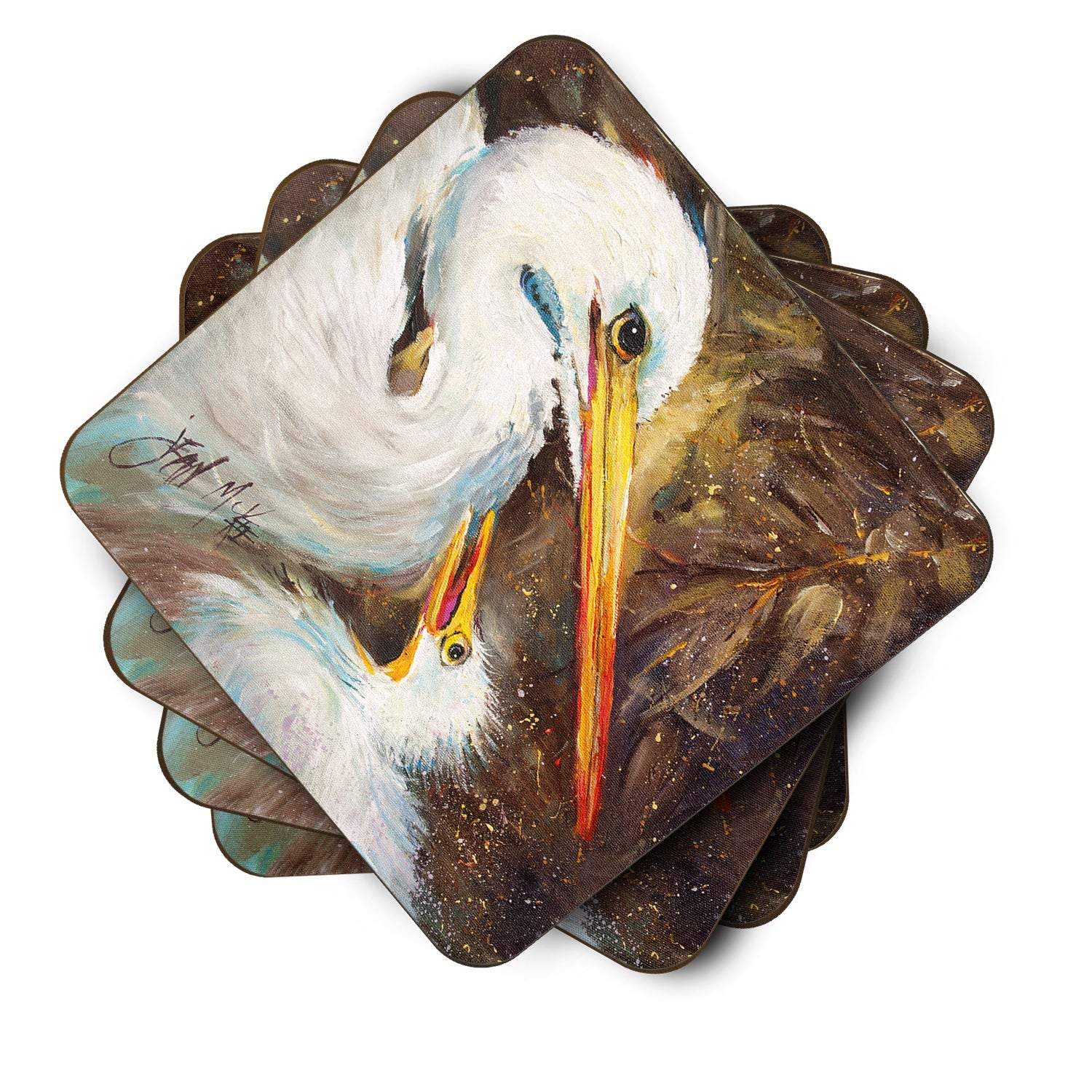 White Egret feeding baby Foam Coasters Set of 4 Cup Coasters for Indoor Outdoor, Tabletop Protection, Anti Slip, Mouse pad Material