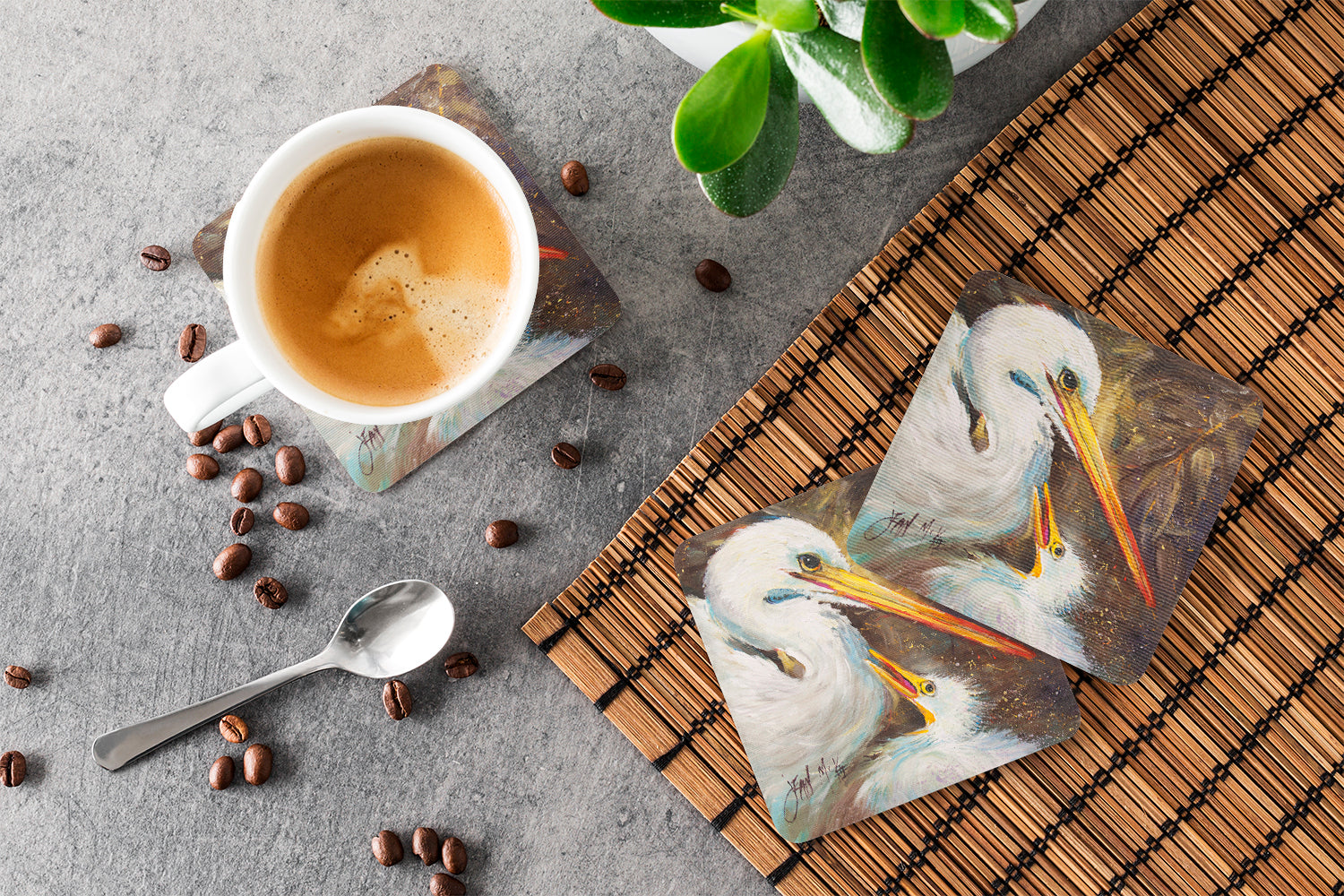 White Egret feeding baby Foam Coasters Set of 4 Cup Coasters for Indoor Outdoor, Tabletop Protection, Anti Slip, Mouse pad Material