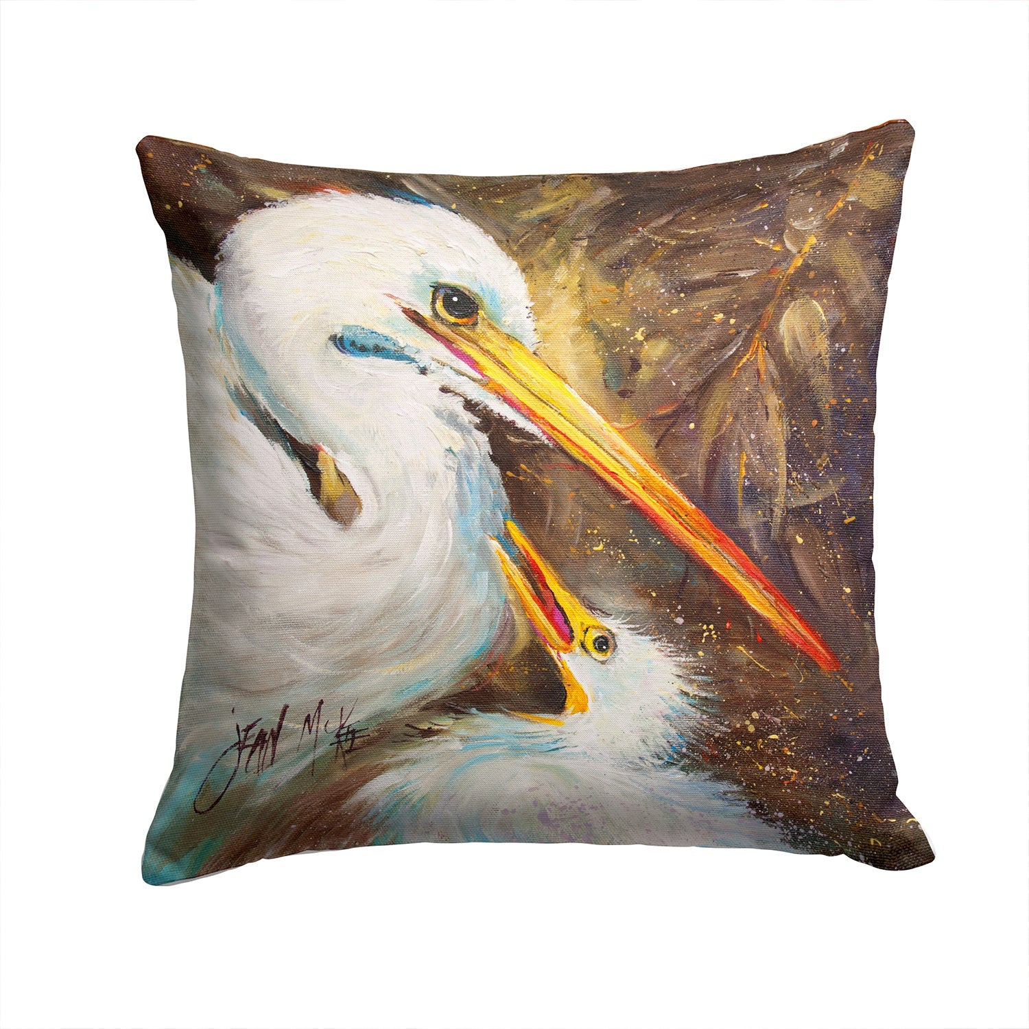 White Egret feeding baby Decorative Throw Pillow 14x14 Indoor Outdoor Accent Cushion, Fabric Cover with Insert for Sofa, Bed, Porch & Living Room