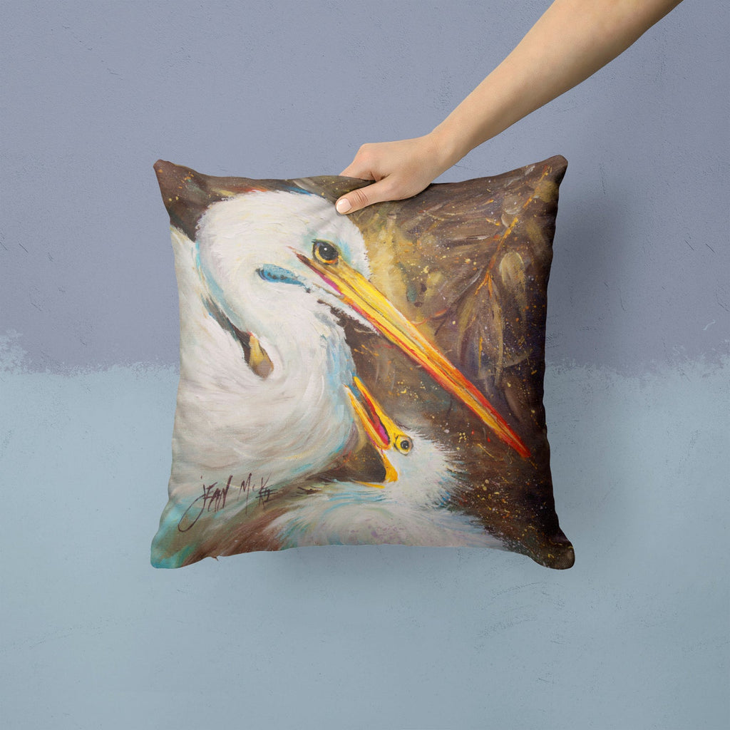 White Egret feeding baby Decorative Throw Pillow 14x14 Indoor Outdoor Accent Cushion, Fabric Cover with Insert for Sofa, Bed, Porch & Living Room