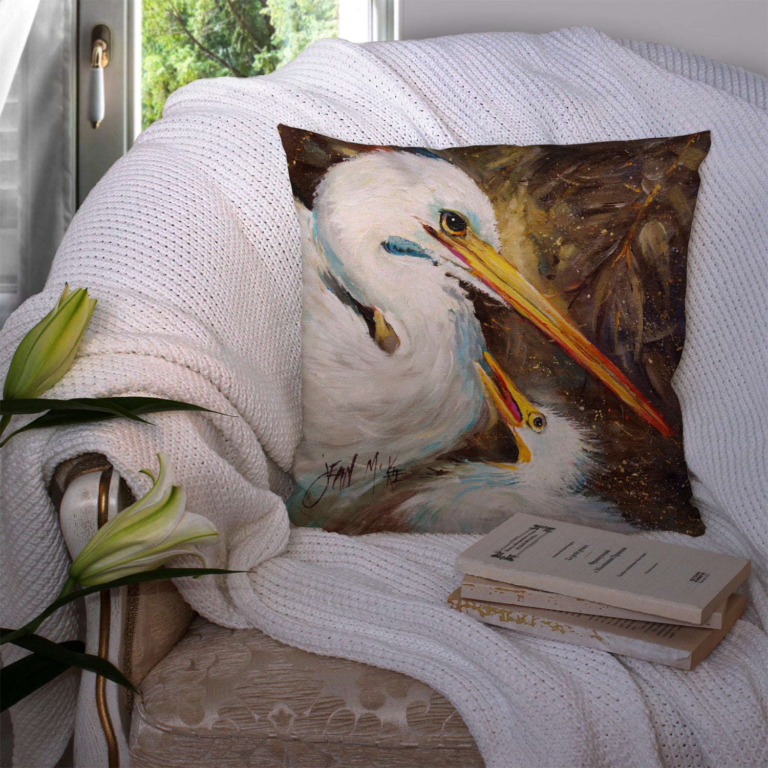 White Egret feeding baby Decorative Throw Pillow 14x14 Indoor Outdoor Accent Cushion, Fabric Cover with Insert for Sofa, Bed, Porch & Living Room
