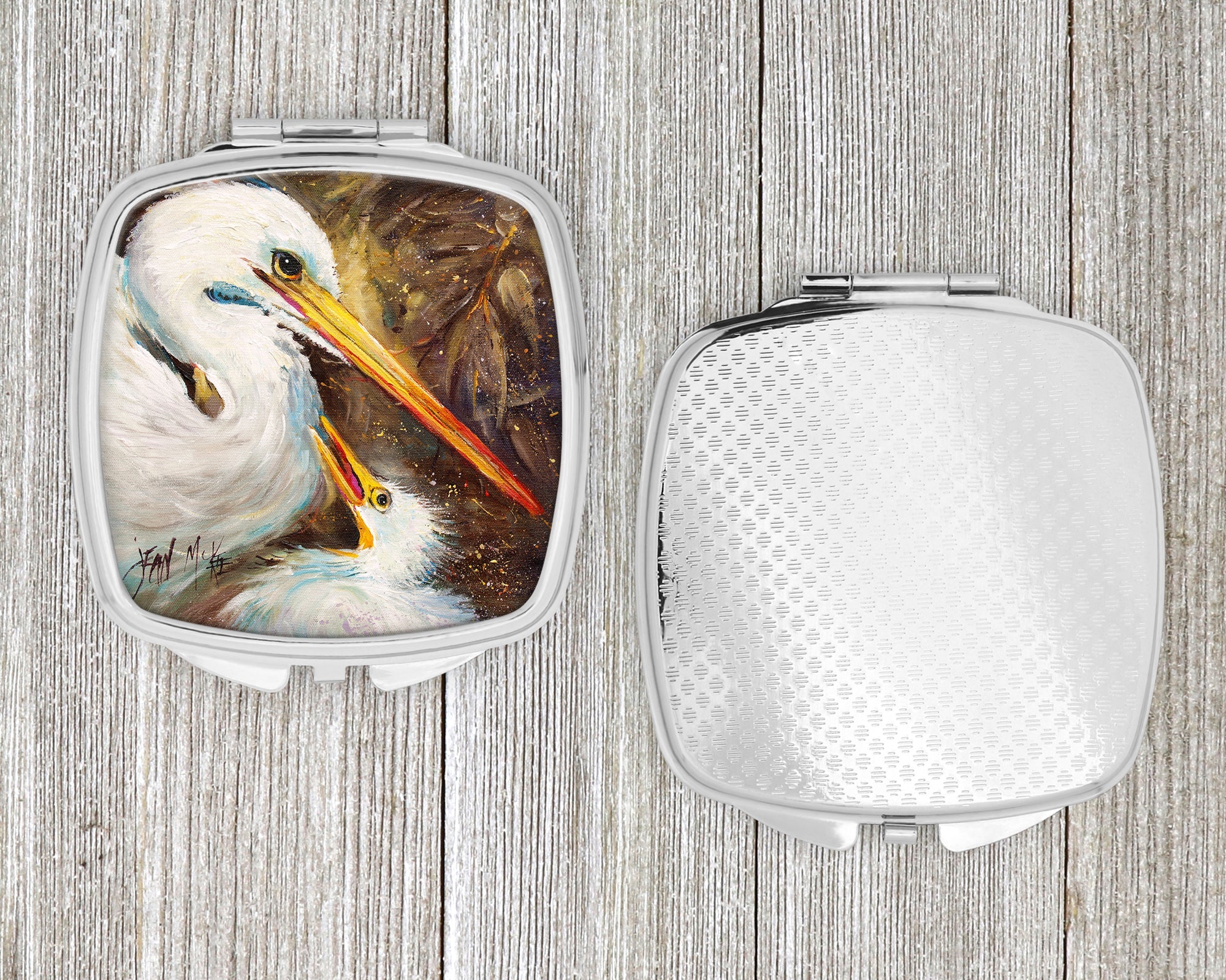 White Egret feeding baby Compact Mirror Decorative Travel Makeup Mirror for Women Girls Gifts Pocket Makeup Mirror Folding Handheld