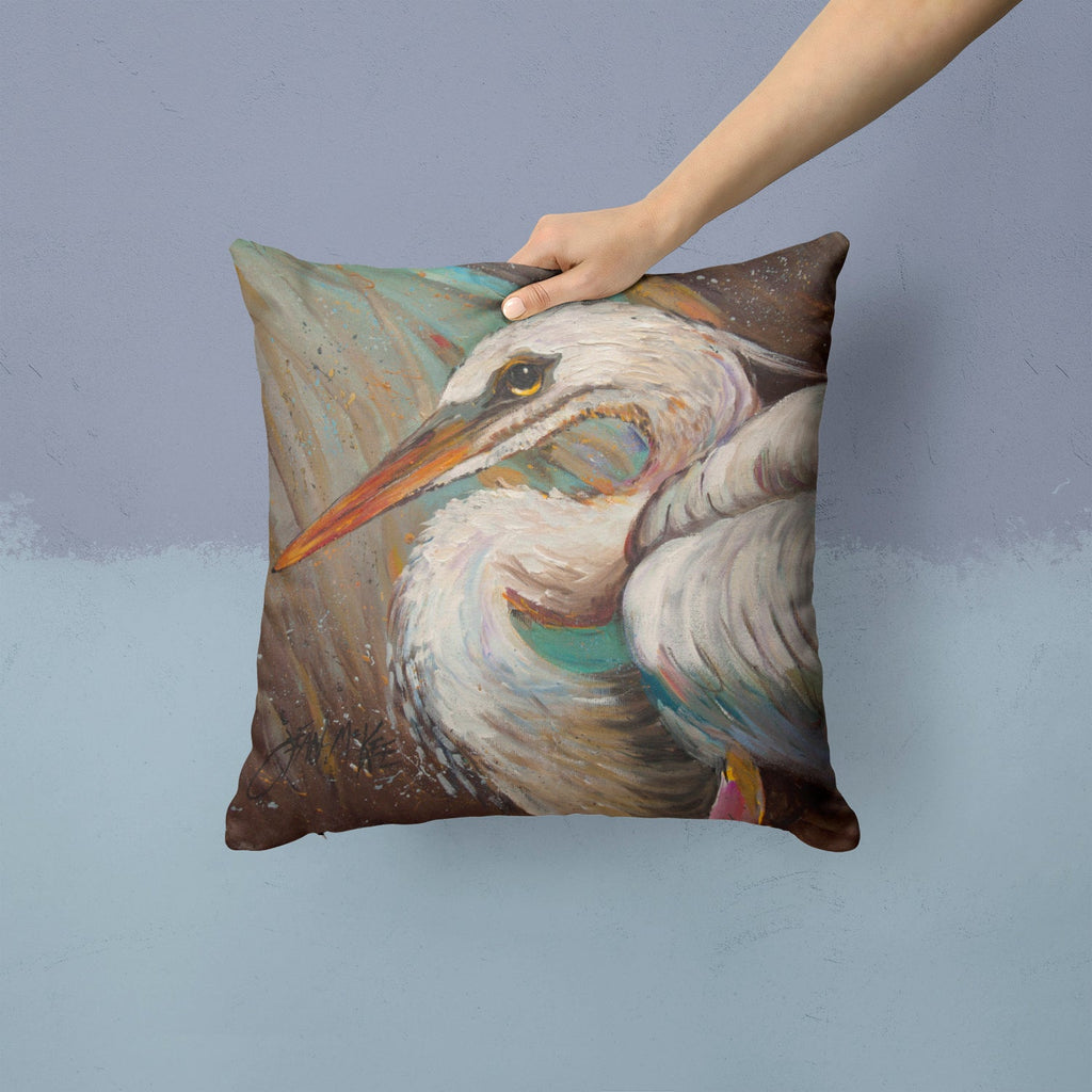 White Egret Decorative Throw Pillow 14x14 Indoor Outdoor Accent Cushion, Fabric Cover with Insert for Sofa, Bed, Porch & Living Room