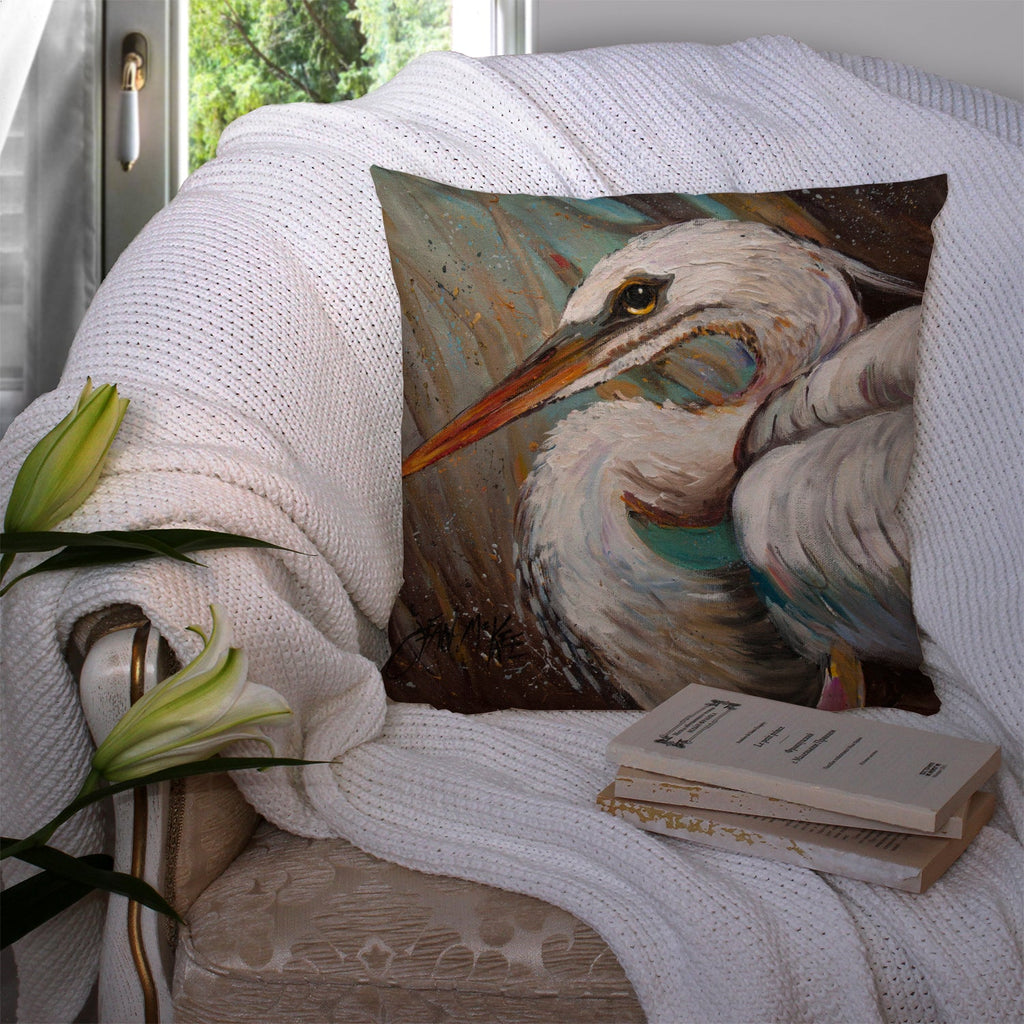White Egret Decorative Throw Pillow 14x14 Indoor Outdoor Accent Cushion, Fabric Cover with Insert for Sofa, Bed, Porch & Living Room