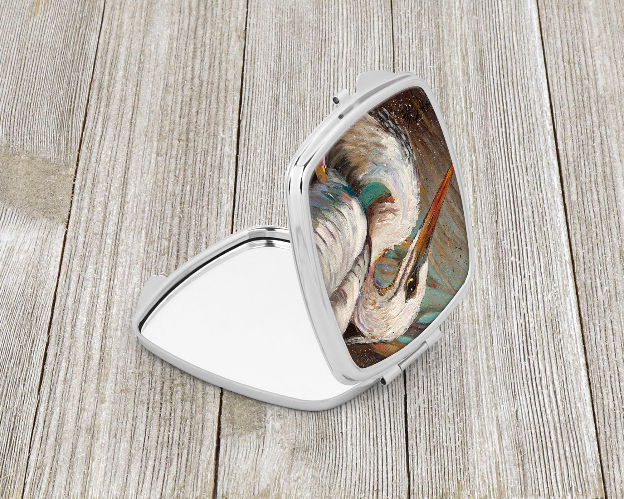 White Egret Compact Mirror Decorative Travel Makeup Mirror for Women Girls Gifts Pocket Makeup Mirror Folding Handheld