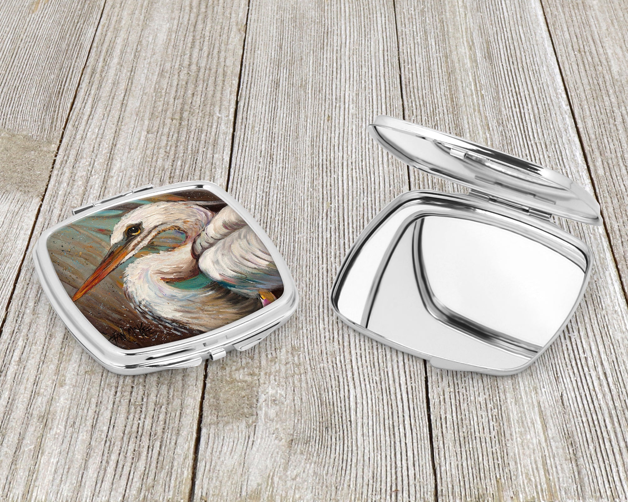 White Egret Compact Mirror Decorative Travel Makeup Mirror for Women Girls Gifts Pocket Makeup Mirror Folding Handheld