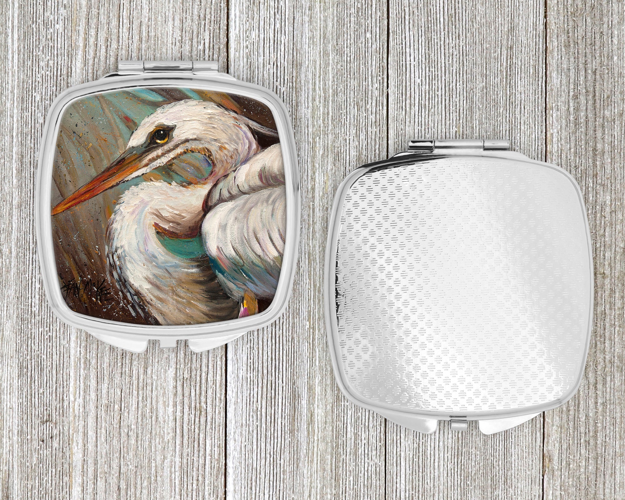 White Egret Compact Mirror Decorative Travel Makeup Mirror for Women Girls Gifts Pocket Makeup Mirror Folding Handheld